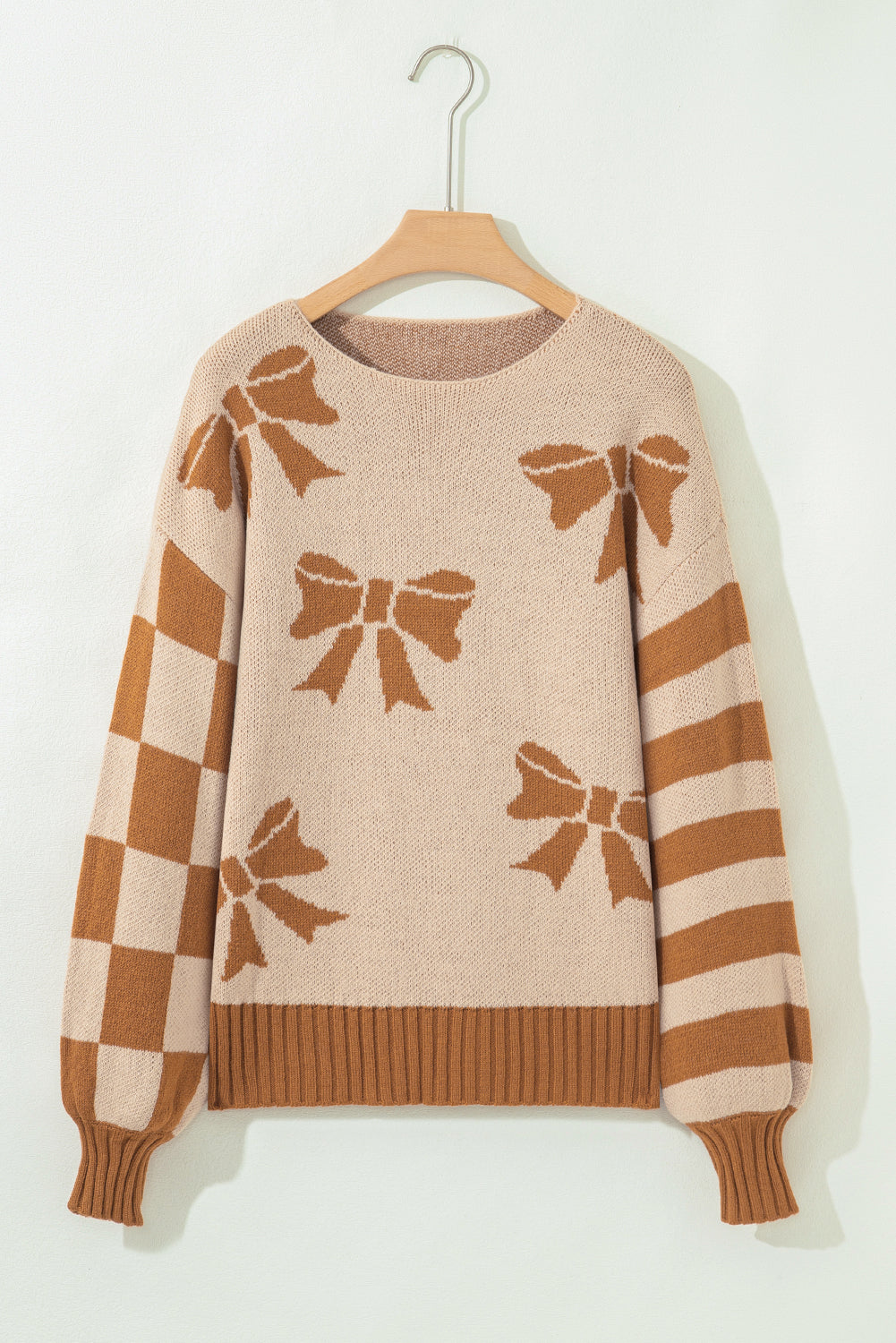 Straw Yellow Striped Checkered Sleeves Bow Print Knit Sweater 5df502cfc50ab6cd