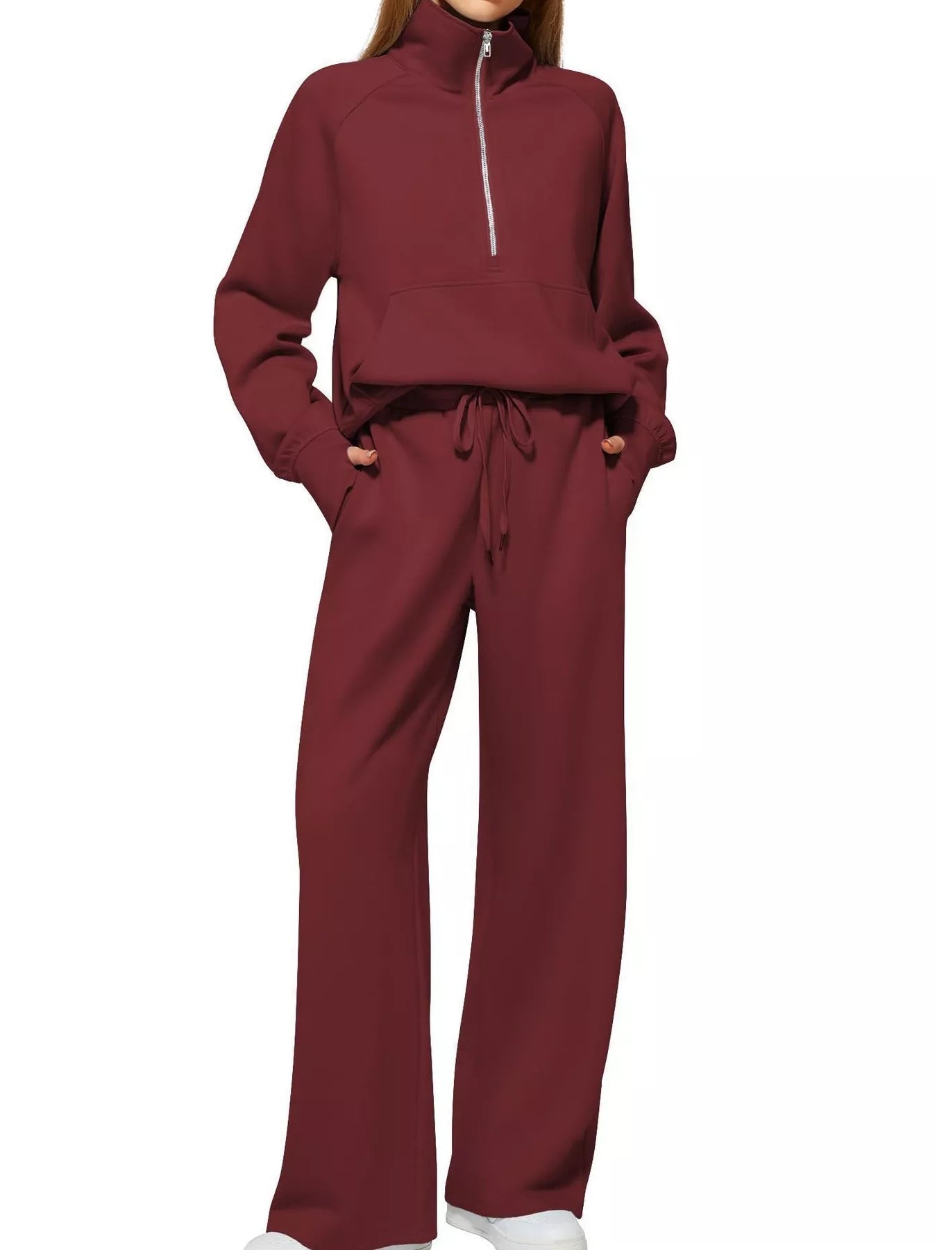 Full Size Half-Zip Sweatshirt and Wide-Leg Pants Set Plus Size Burgundy 5df6f8e991c843678e8d1b01030273eb-Max-Origin