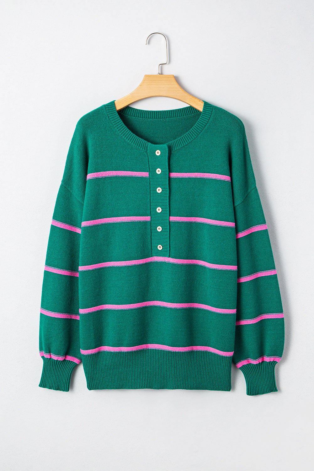 Green Striped Half Button Drop Shoulder Oversized Sweater 5df8dec4614e7bb2