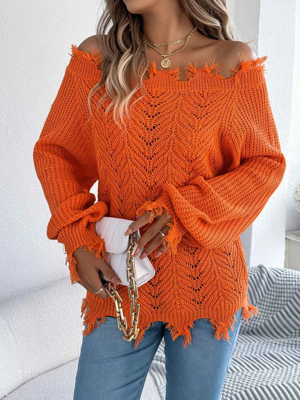 Distressed Hem Openwork Off-Shoulder Sweater 5dff40c1d1dd482784e8fda31ea268e4-Max-Origin
