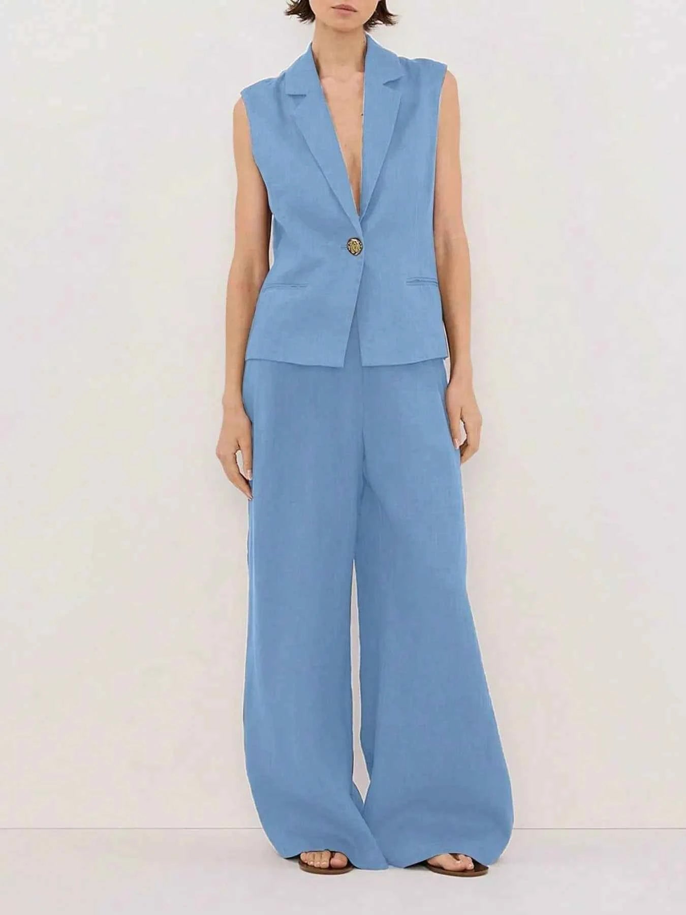 One Button Sleeveless Top and Pants Set Light Blue 5e097ff7-1003-4660-b9df-f3569f91942d-Max-Origin