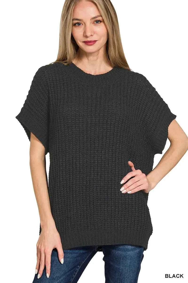 Zenana Short Sleeve Round Neck Sweater BLACK 5e14f19dd3cc403f94b3678700284e3d-Max-Origin