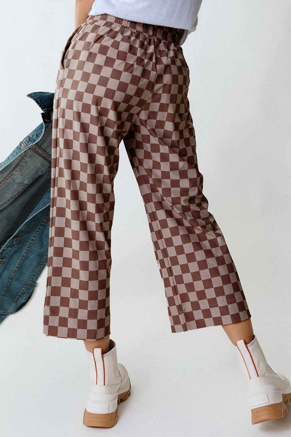 Khaki Tie Elastic Waist Checkered Loose Pants 5e1cc2fe71ccc488