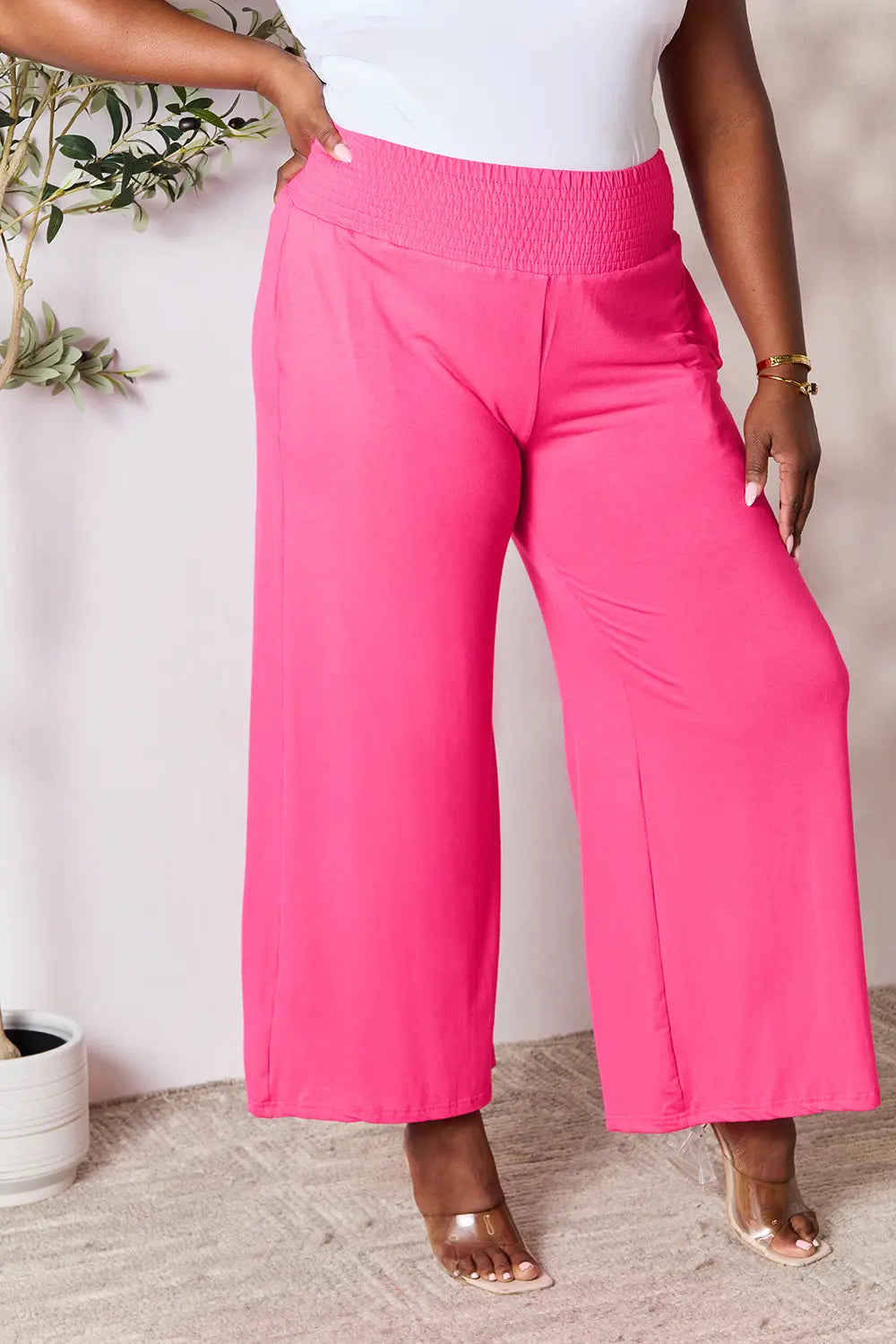 Basic Bae Full Size Smocked Wide Waistband Wide Leg Pants 5e270b8fe9384141a746df0faeef8ee9-Max