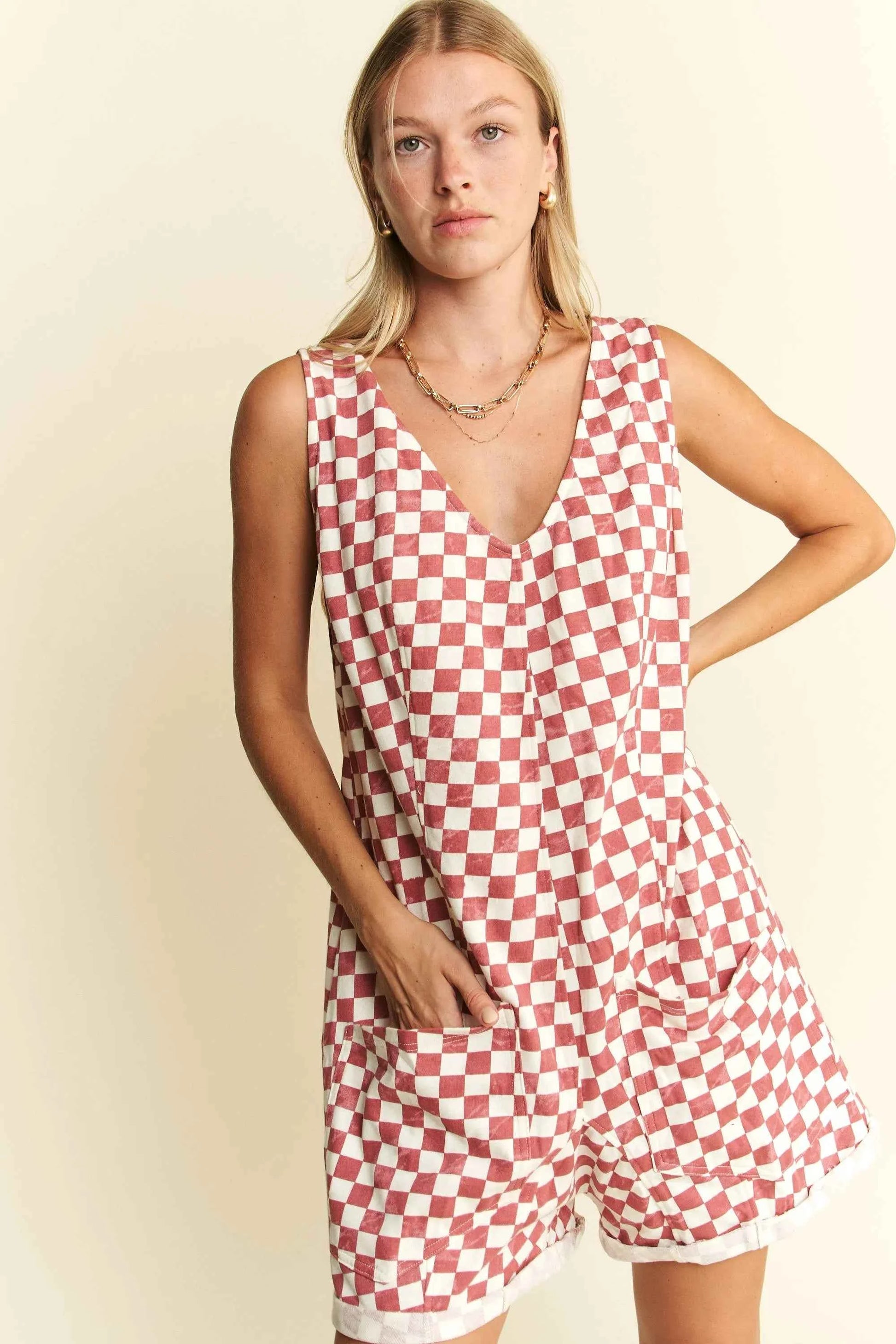 Jade By Jane Plus Size Back Tie Sleeveless Plaid Romper with Pockets