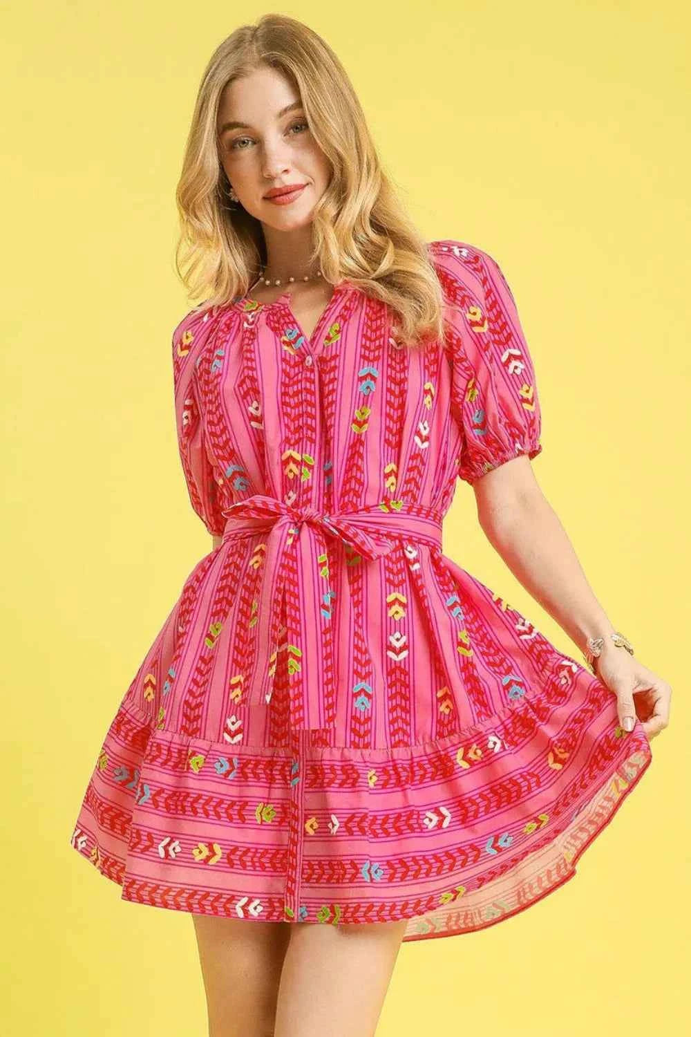 Umgee Printed Tie Waist Puff Short Sleeve Mini Dress Hot Pink 5e2f4b50-f09e-40c4-b550-10fad826a9c8-Max-Origin