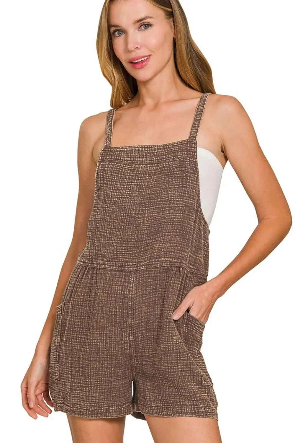 Zenana Washed Double Gauze Tie Back Rompers BROWN 5e3d60ab-0571-4c61-80fd-3b089bef905c-Max-Origin