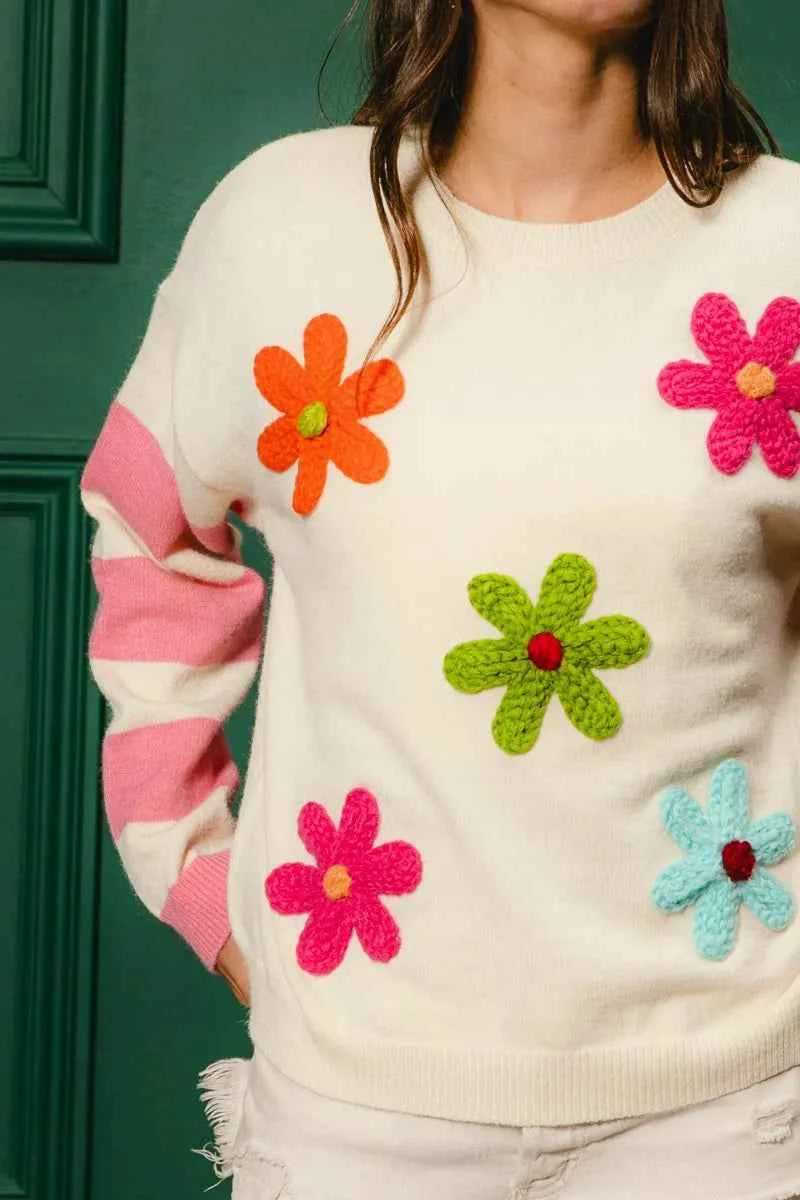 BiBi Colorful Floral Patched Sweater with Striped Sleeve 5e5254dec35145bba507b7f190b55aa0-Max-Origin