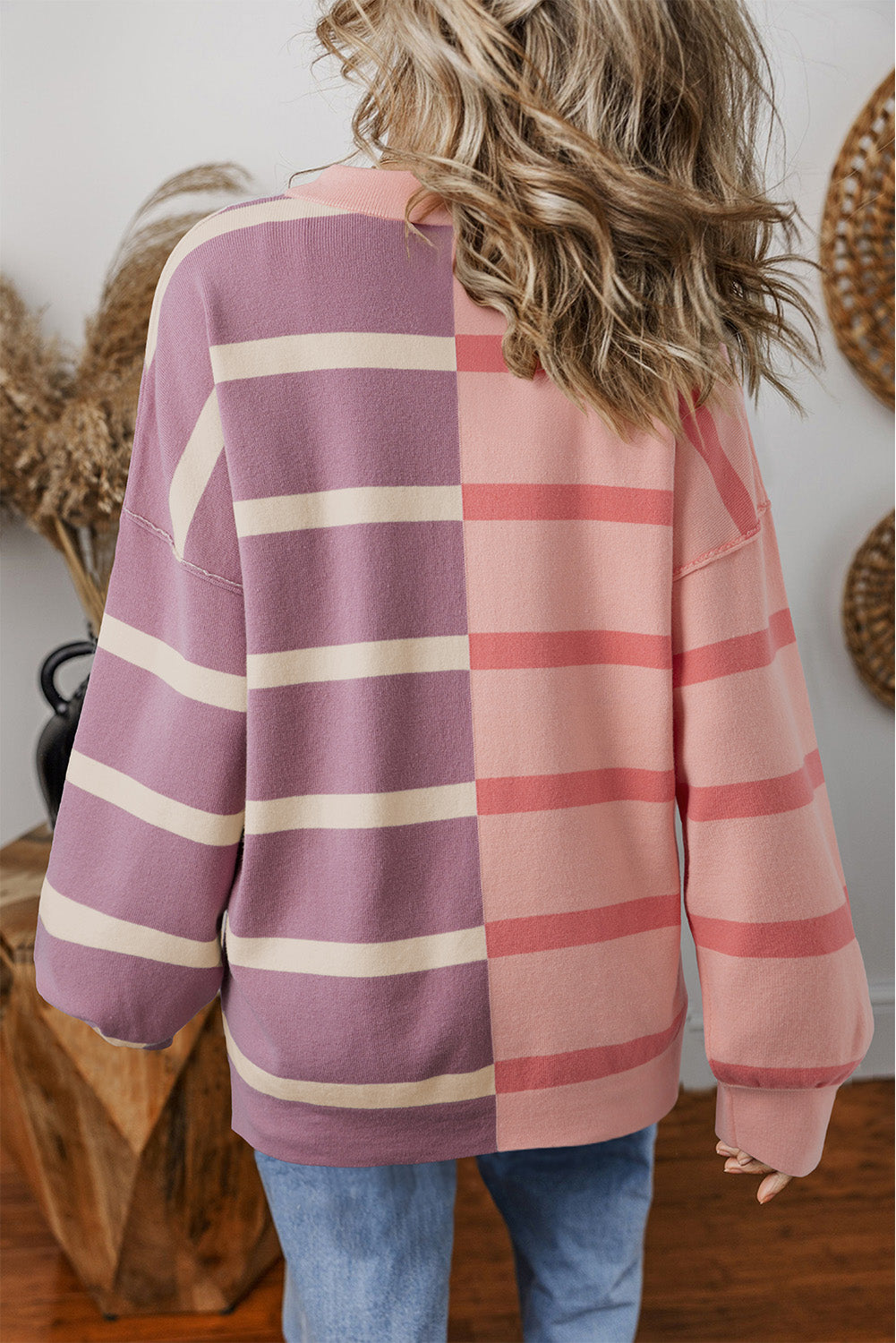 Pink Striped Patchwork Drop Shoulder Sweater 5e563cf70a55db20