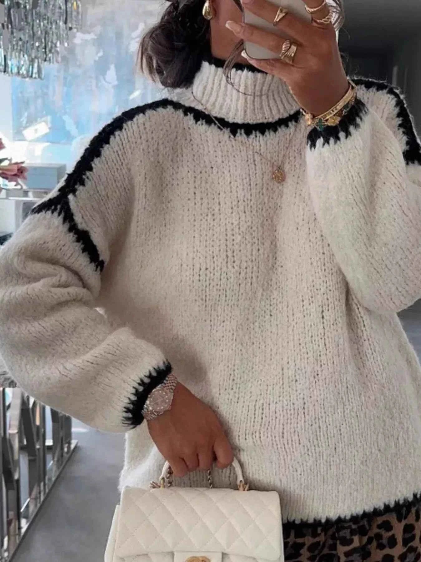 Contrast Trim Turtleneck Long Sleeve Sweater Apricot 5e61c7bd-aef7-4d50-879e-62a9117805af-Max-Origin