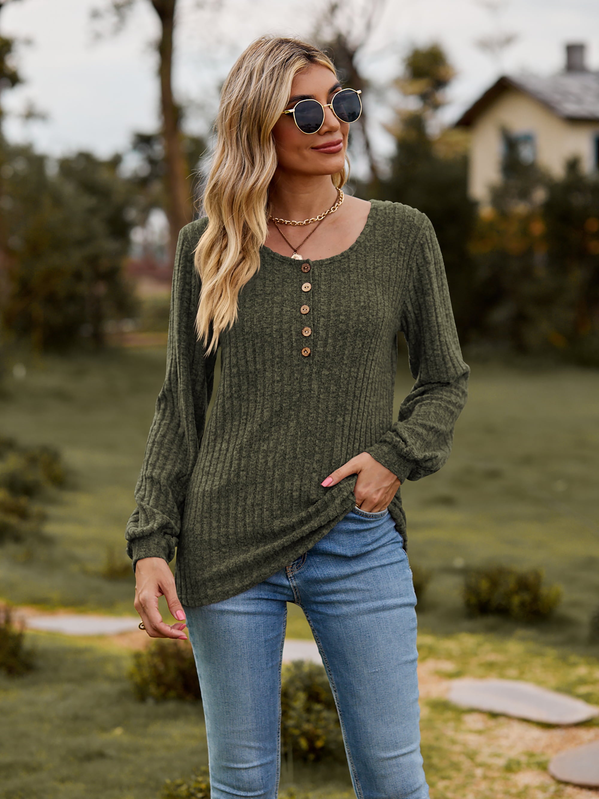 Round Neck Button-Down Long Sleeve Tee Army Green 5e7a84abdd8f4e16af03e55c97d3e0f5-Max