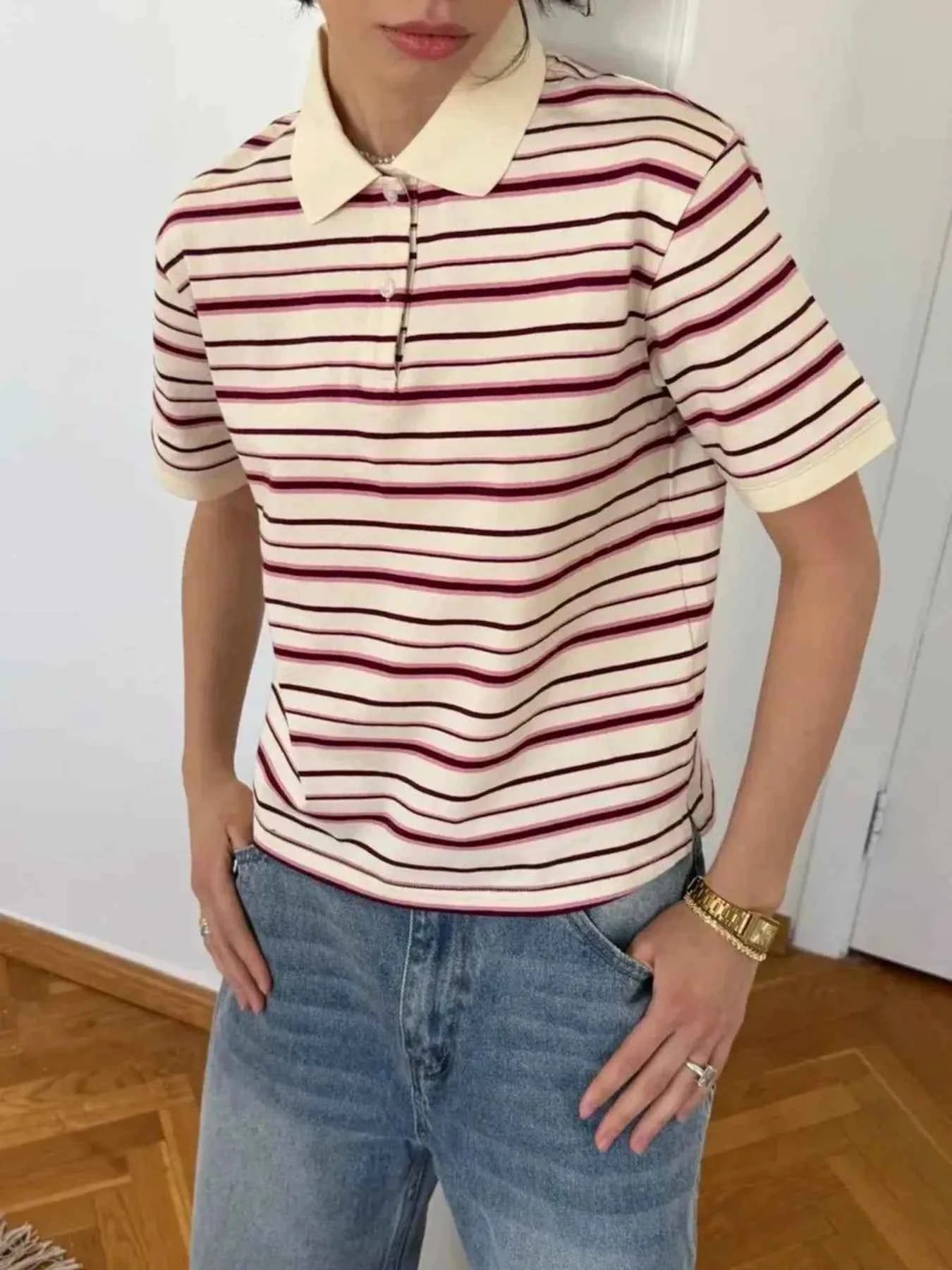 Striped Polo T-Shirt with Contrast Collar Apricot 5e7ed223e57040f093f2dc5892270d81-Max-Origin