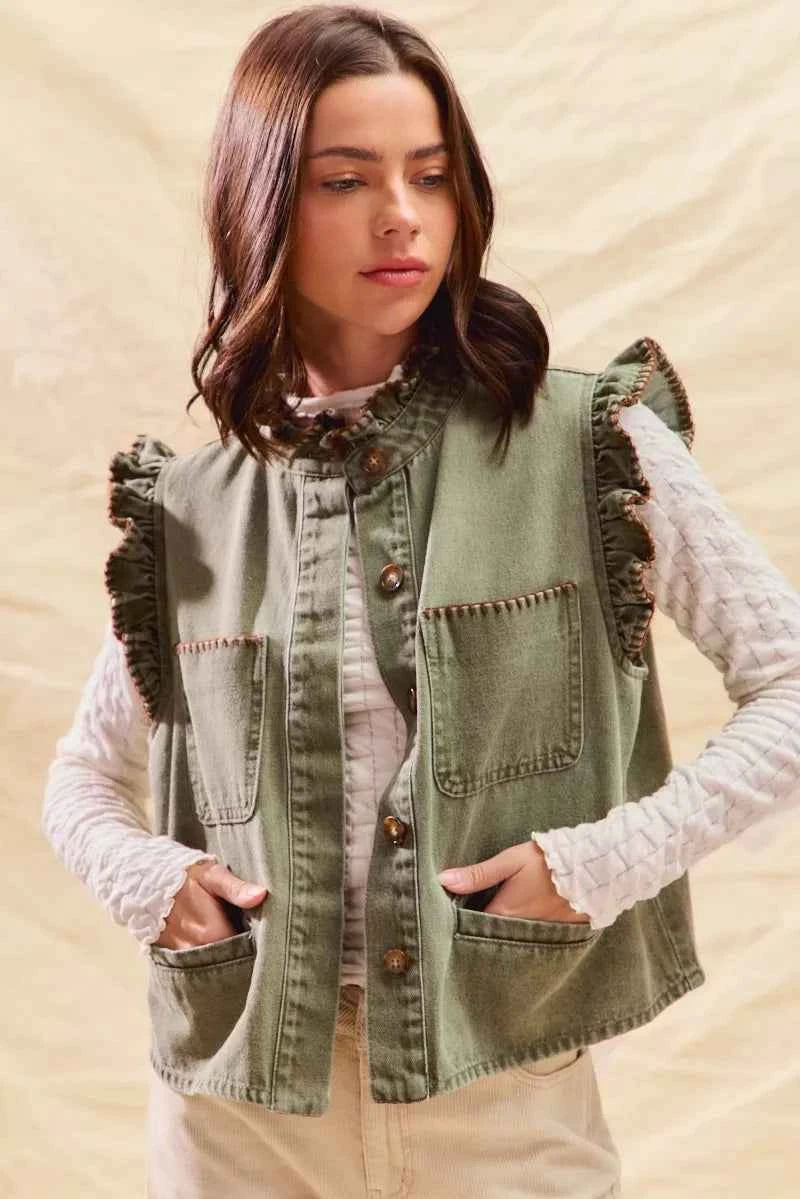 SO ME Washed Denim Stitch Ruffled Hidden Button Vest Top 5ea89a51a4c14361b161370f1707598c-Max-Origin