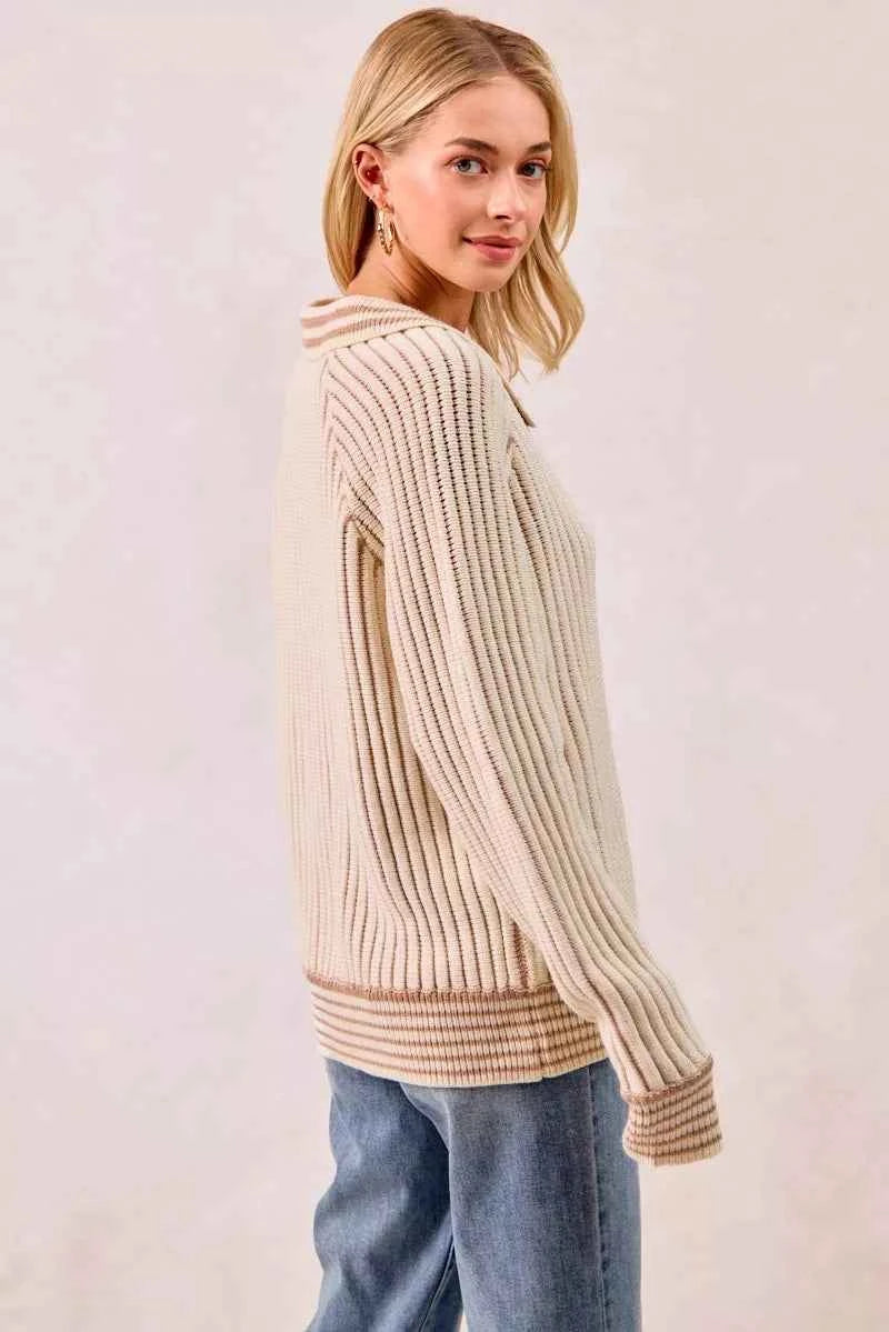 BiBi Half Button Ribbed Two Tone Sweater 5ea9f13d56bb4fd188923505f7cb6958-Max-Origin