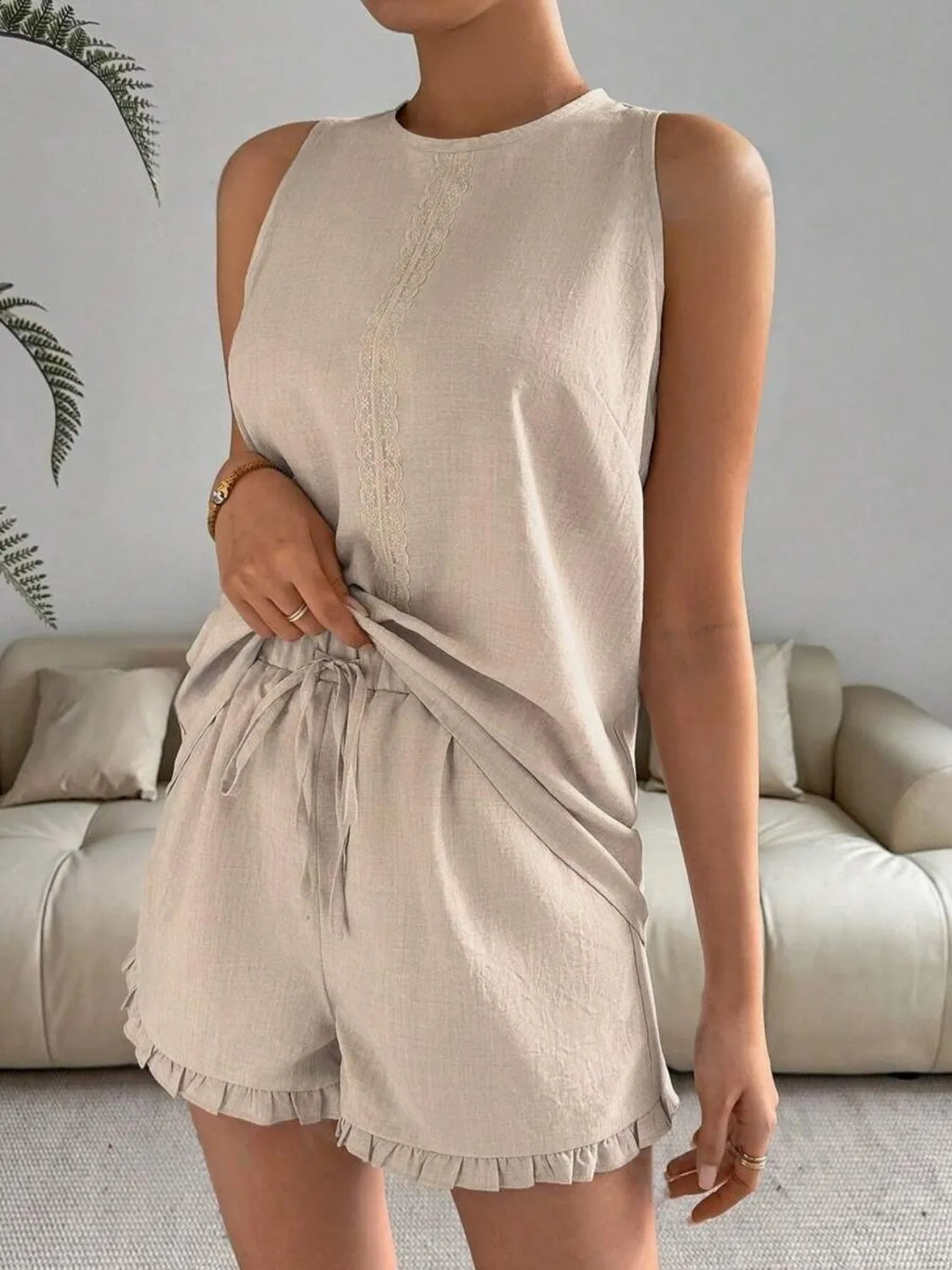 Lace Detail Round Neck Tank and Shorts Set 5eb61653-2da0-4095-b487-b3c744290742-Max-Origin