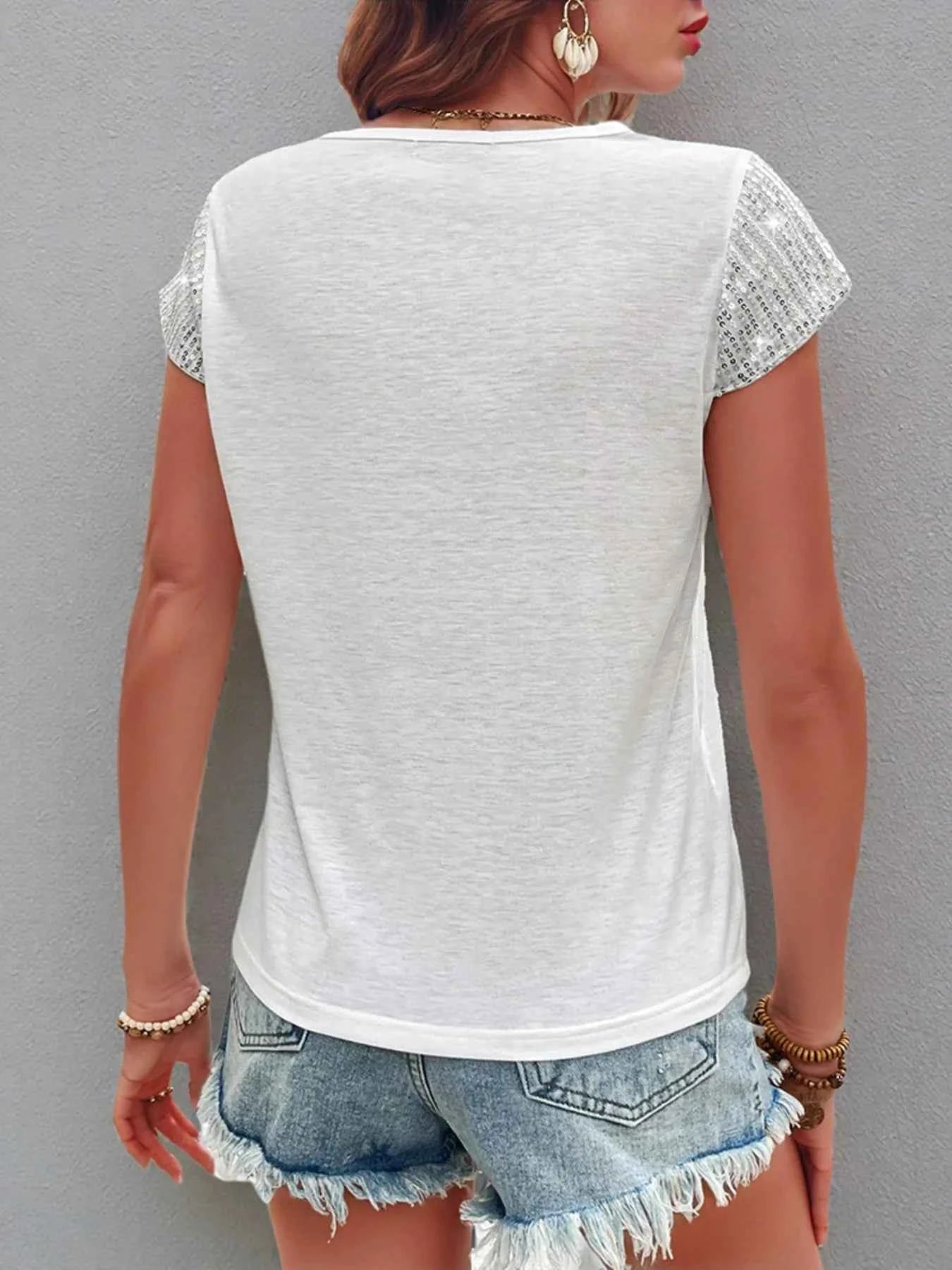 Sequin V-Neck Short Sleeve T-Shirt 5ec1349984a34cb398c69b3593899dd7-Max-Origin