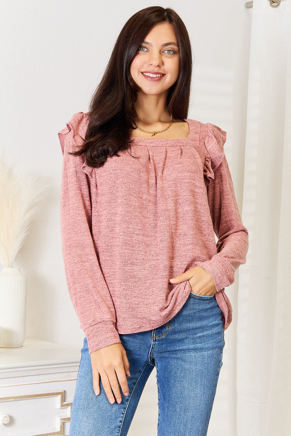 Double Take Square Neck Ruffle Shoulder Long Sleeve T-Shirt 5ed14ef0c73e456690033e1841981df6-Max
