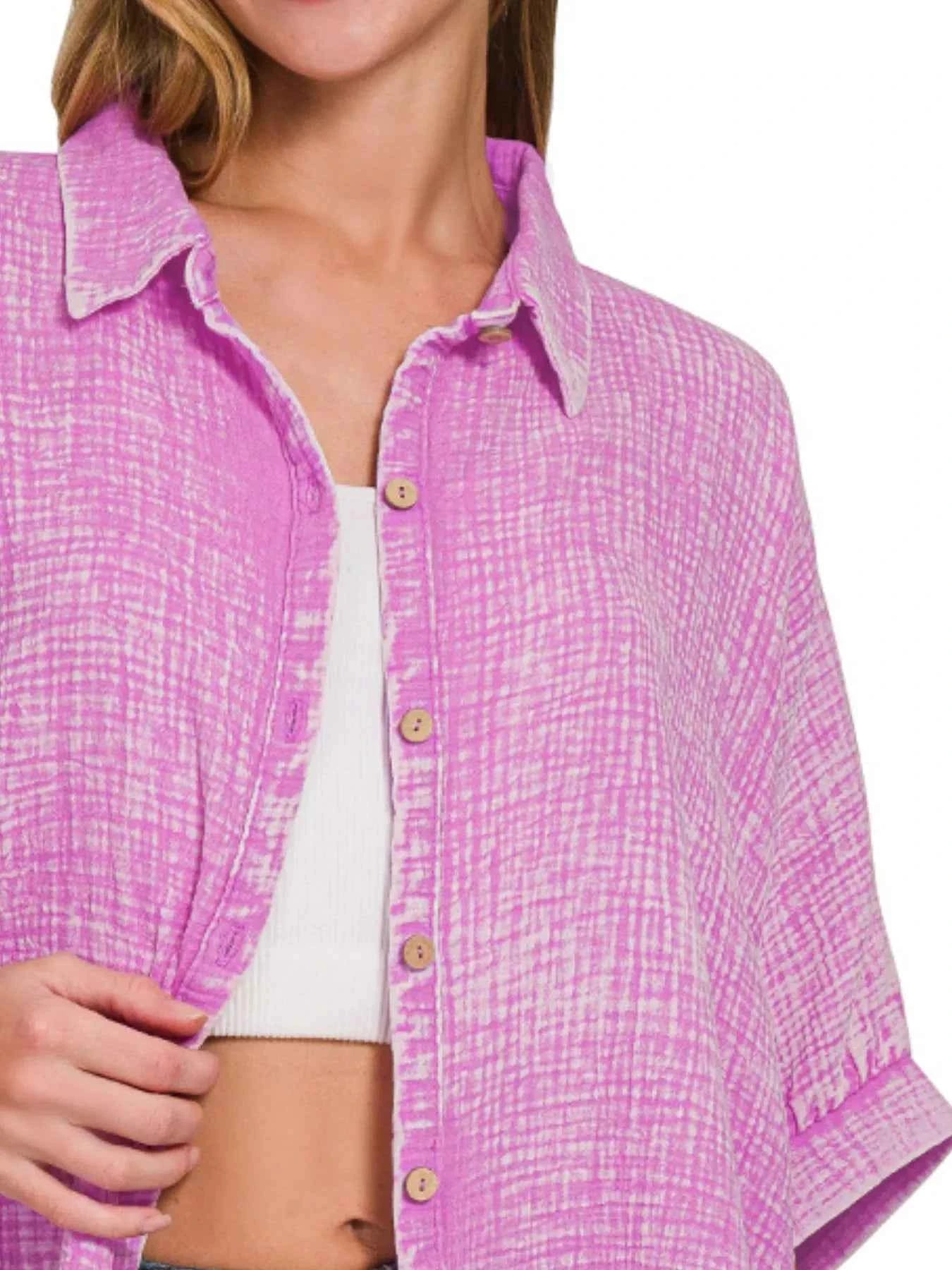 Zenana Washed Double Gauze Button Down Half Sleeve Shirt 5ed64977-b128-455f-b365-678fa27e8368-Max-Origin