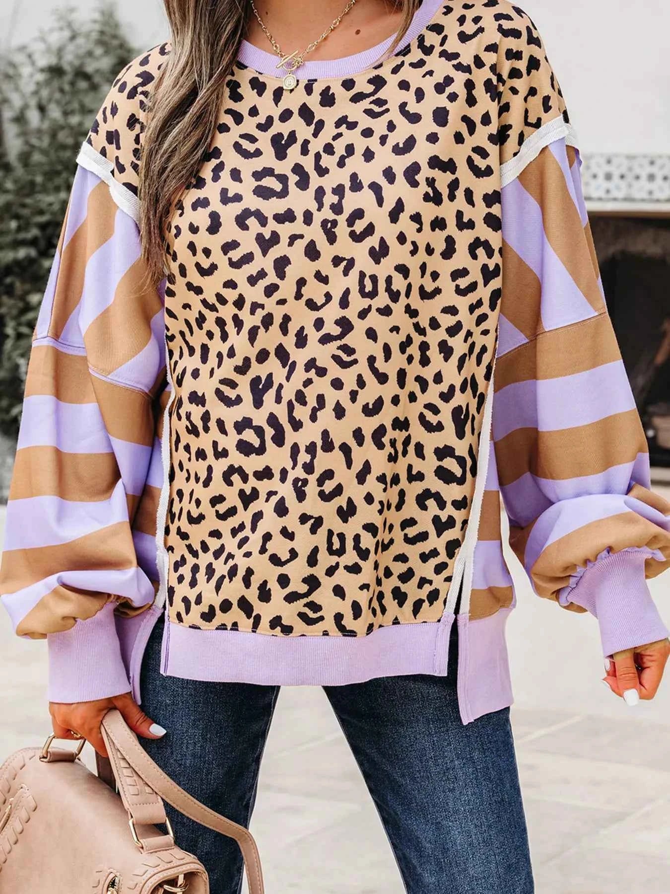Stripe Color Block Patchwork Leopard Casual Sweatshirt with Slits Leopard 5ee09180b6914559bb7823f9787552f1-Max-Origin