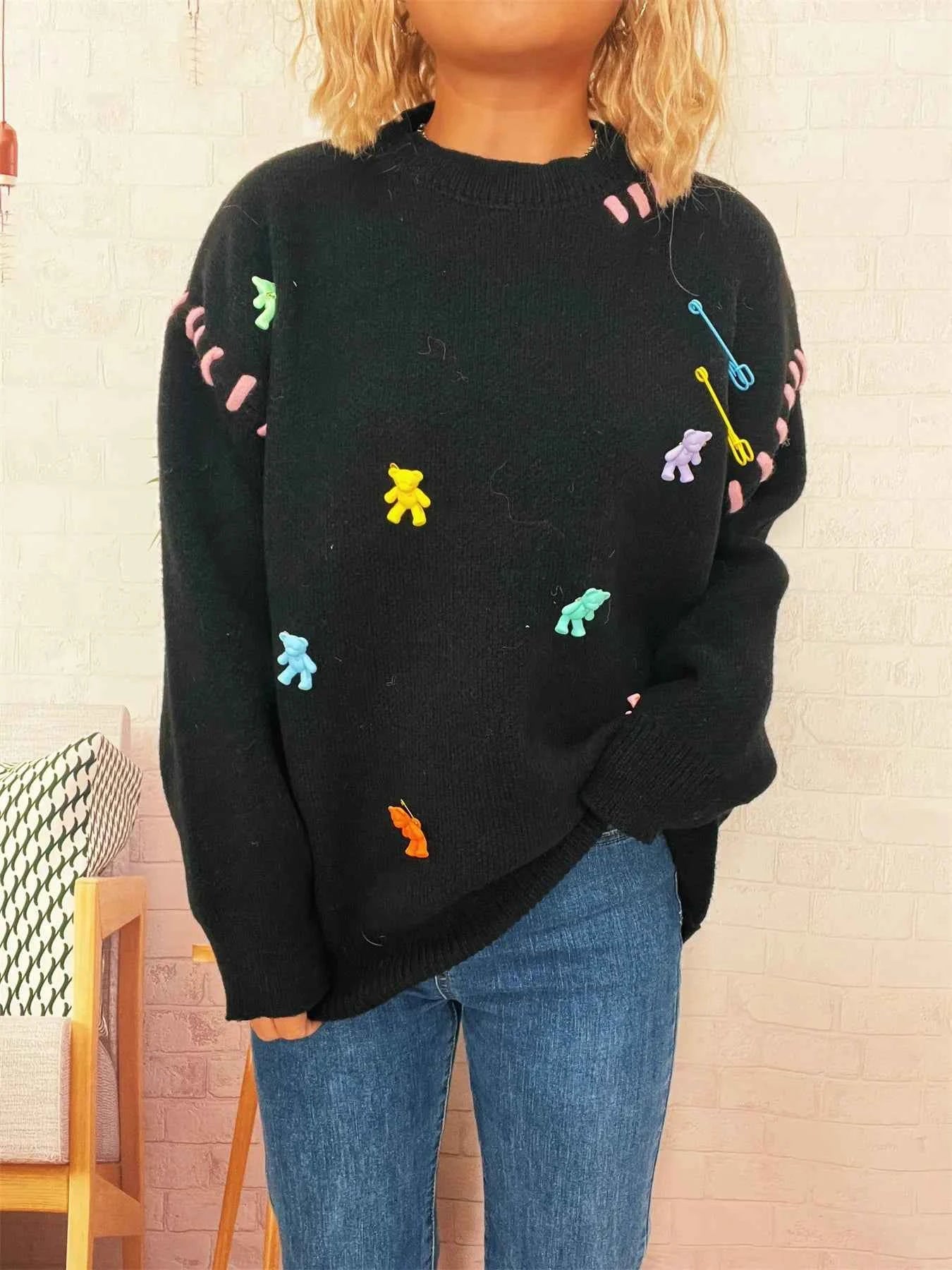 Bear Decoration Round Neck Sweater Black One Size 5ee905b20c2848a2ac8cca7297d30469-Max-Origin