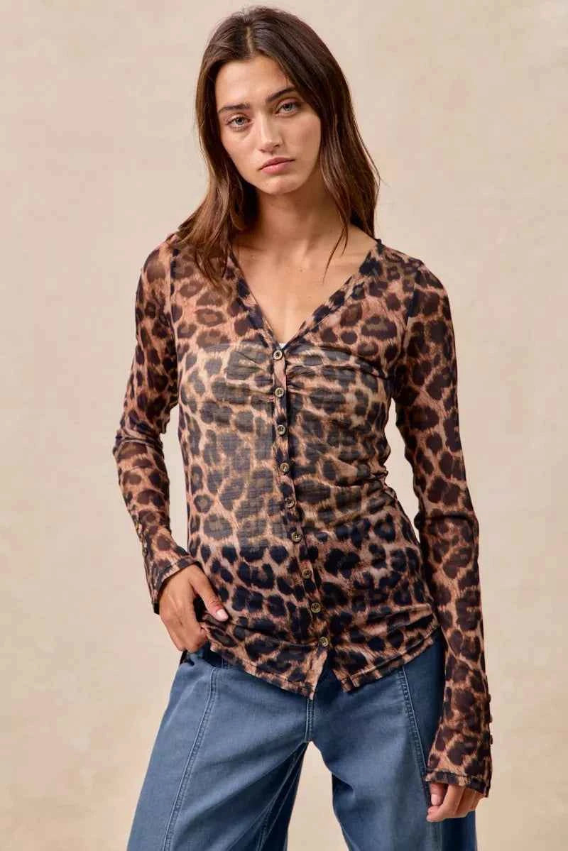 BiBi Leopard Printed Mesh Shirt With Button Up V Neck 5eebdd1910fe471cb8aee758827a954c-Max-Origin