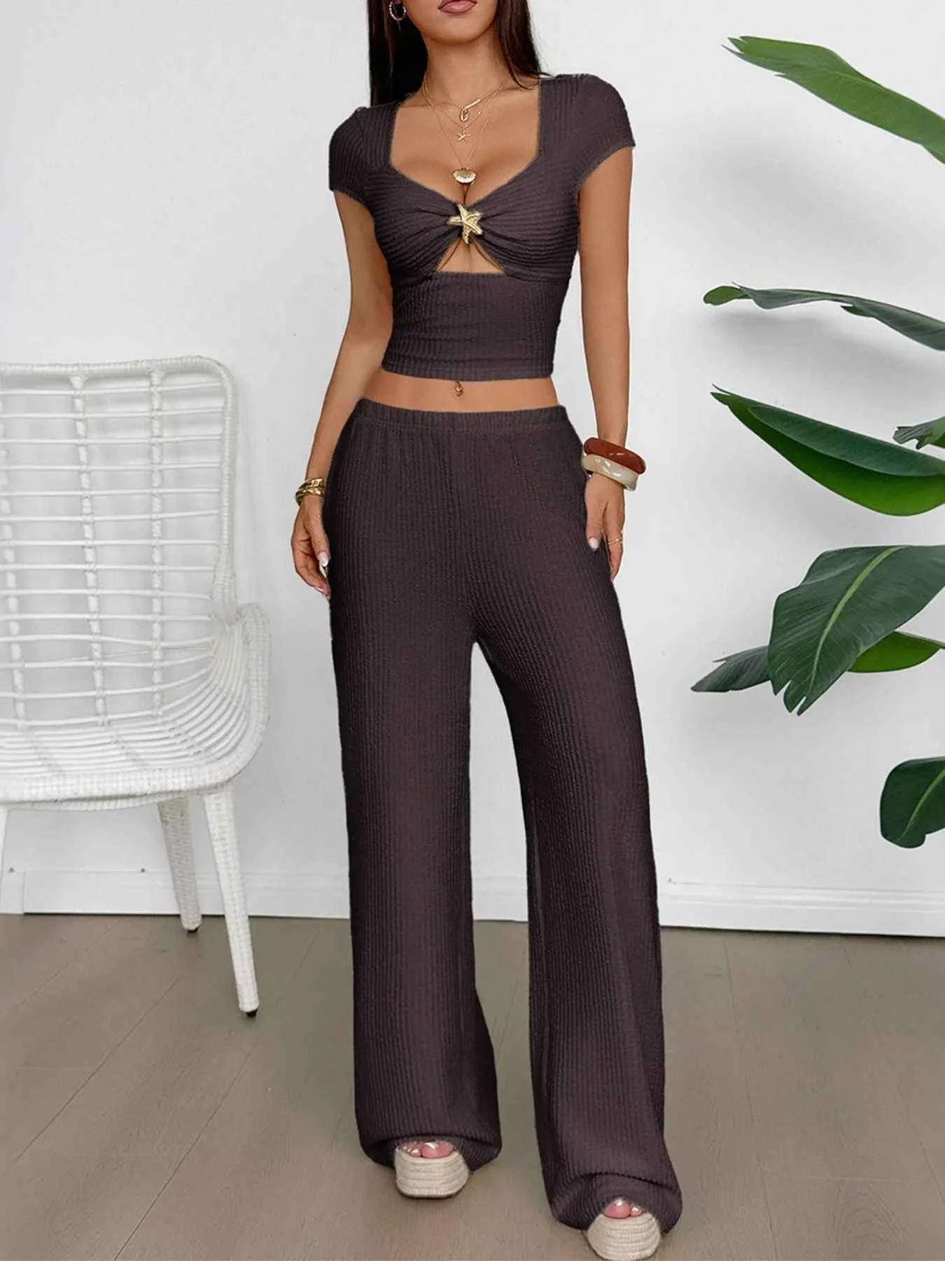 Cutout Short Sleeve Top and Pants Set Brown 5ef6ae78a8f241f0af1af9d8f421d4eb-Max-Origin