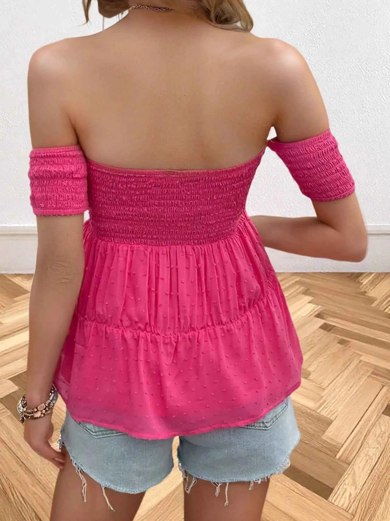Off-Shoulder Smocked Bow-Tie Blouse 5f0276ae07a548e085b3113e5a050b81-Max-Origin