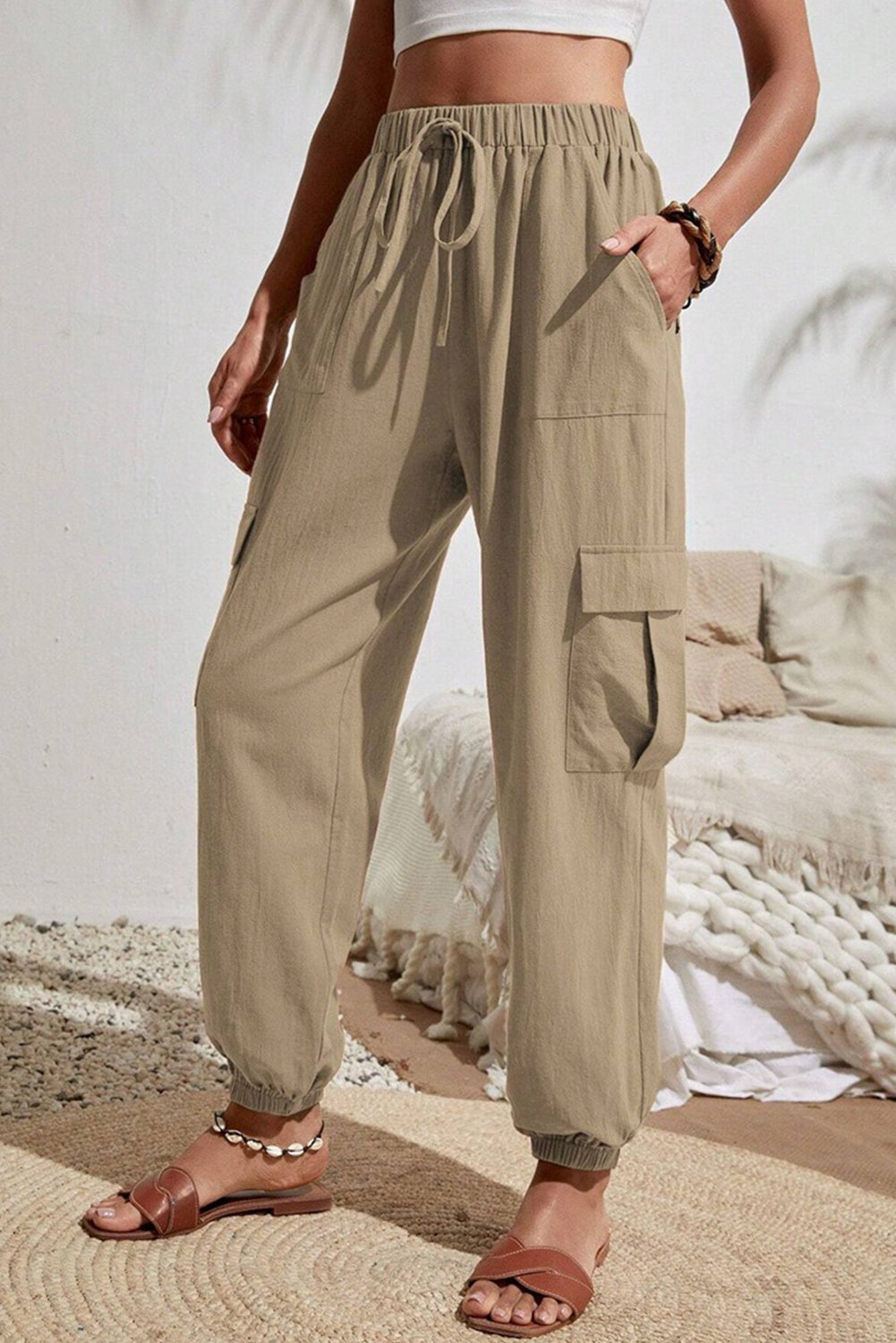 Pale Khaki Solid Color Pocket Cargo Pants Pale Khaki 5f0b06878bdd966e