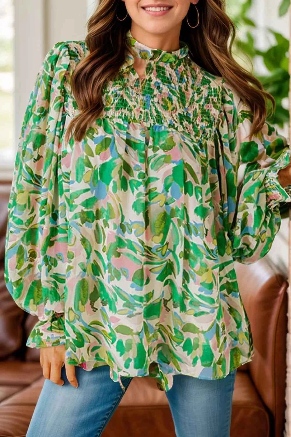 Frill Printed Mock Neck Flounce Sleeve Blouse Green 5f0d286e-a116-4035-8d93-98642f913c64-Max