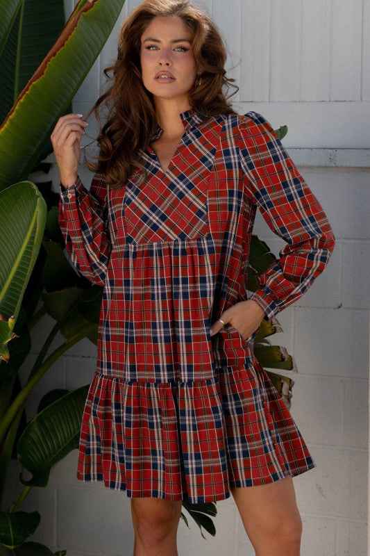Plaid Frilled Collar Long Sleeve Mini Dress 5f1a952d-f56b-40c7-a446-bb9c3b203dbd
