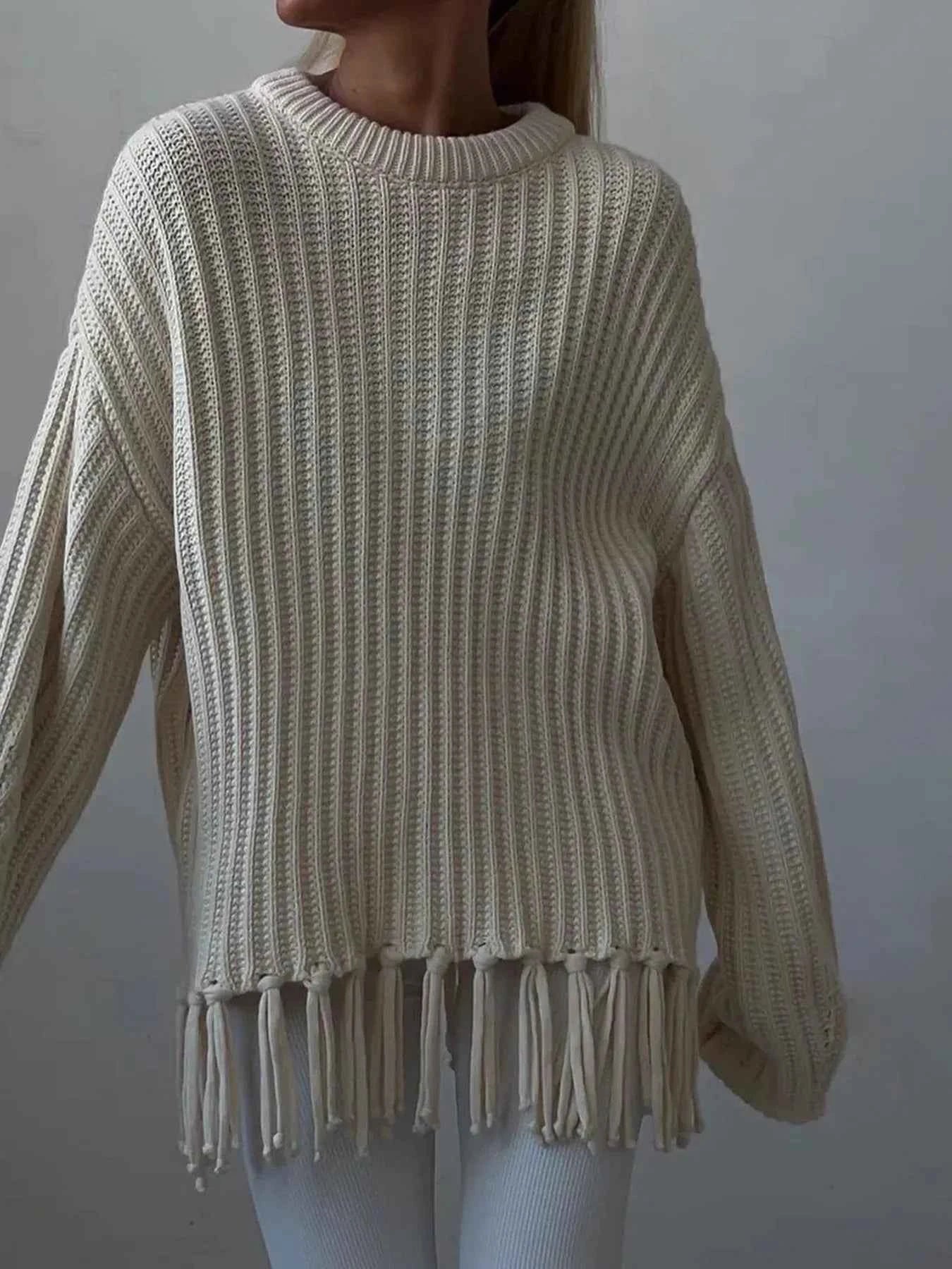 Fringe Round Neck Long Sleeve Sweater Beige 5f21caae8e4340de853a7362f5671d20-Max-Origin