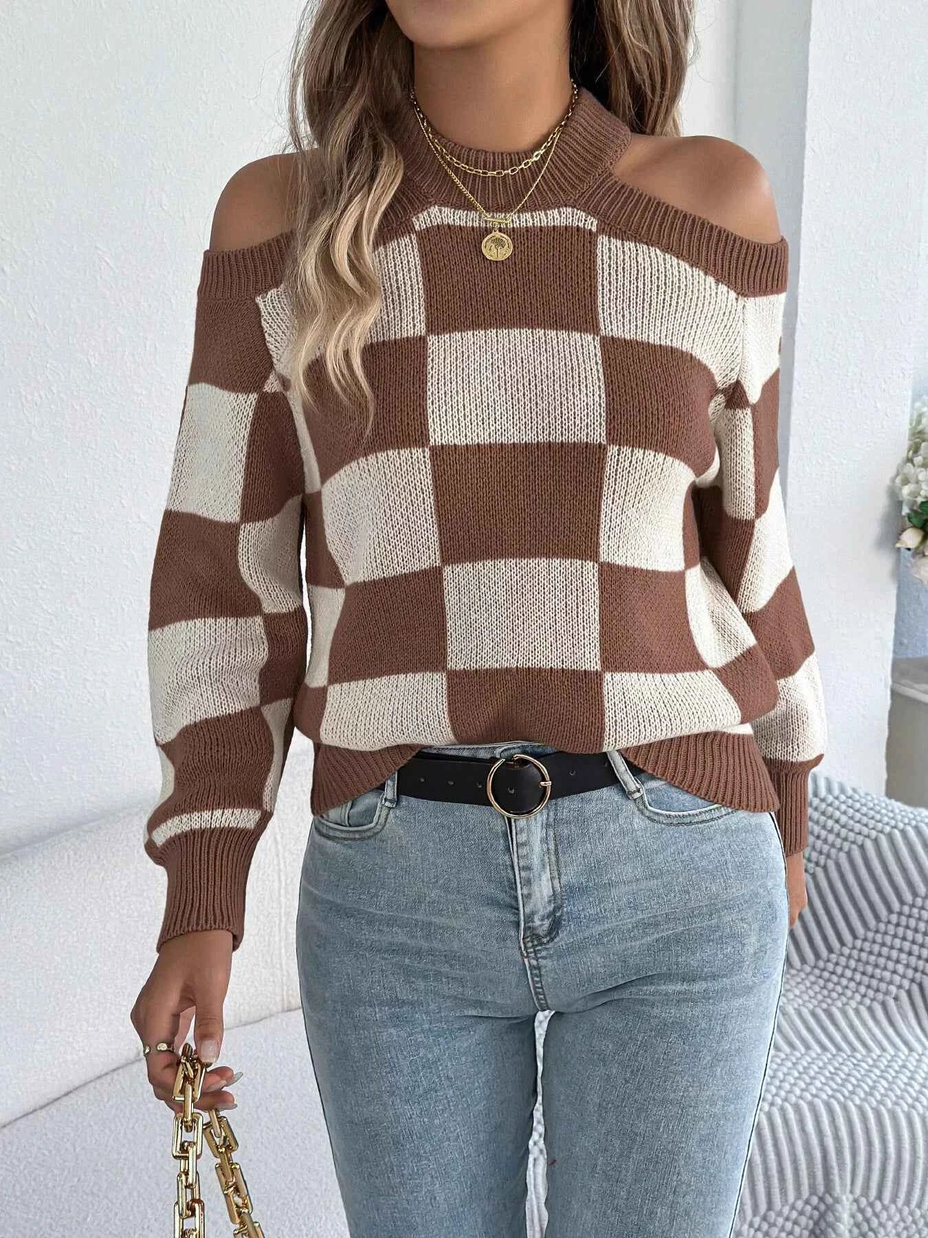 Cold Shoulder Checkered Long Sleeve Sweater 5f2d84d1ea8d439ab42dd1ab0fea89fe-Max-Origin