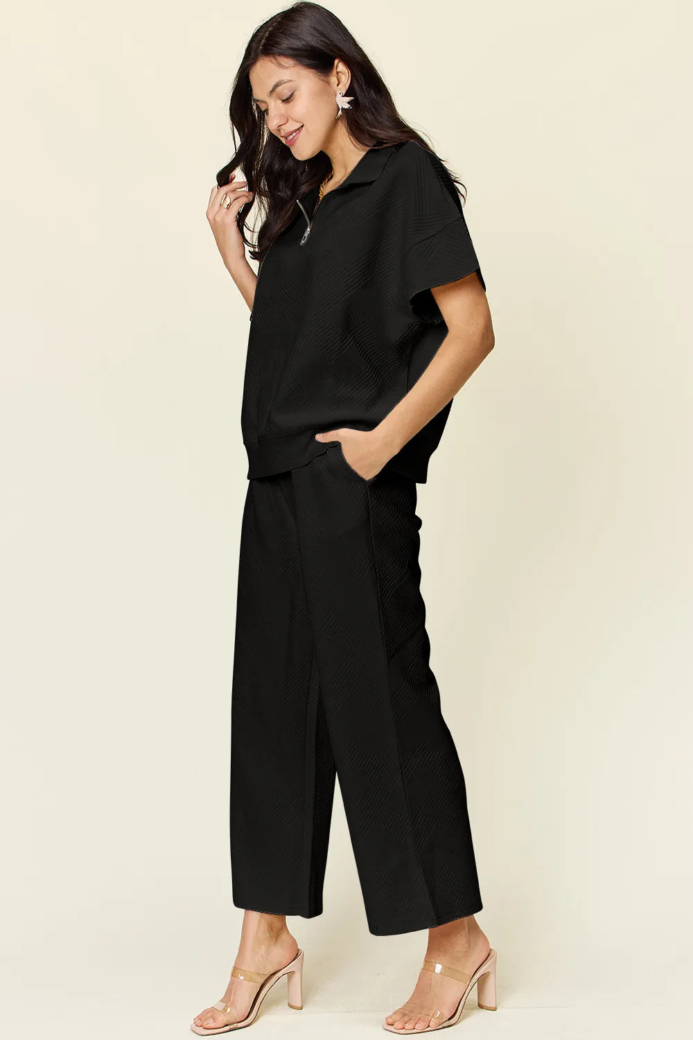 Double Take Full Size Texture Half Zip Short Sleeve Top and Pants Set 5f635e68-3984-494e-a535-62ab1ac69a00-Max