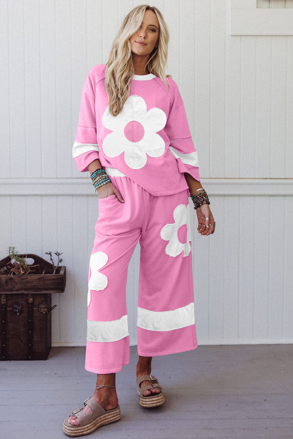 Orchid Bouquet Flower Patched Raw Seam Colorblock Loose Pants Set 5f662c96c4b2998c
