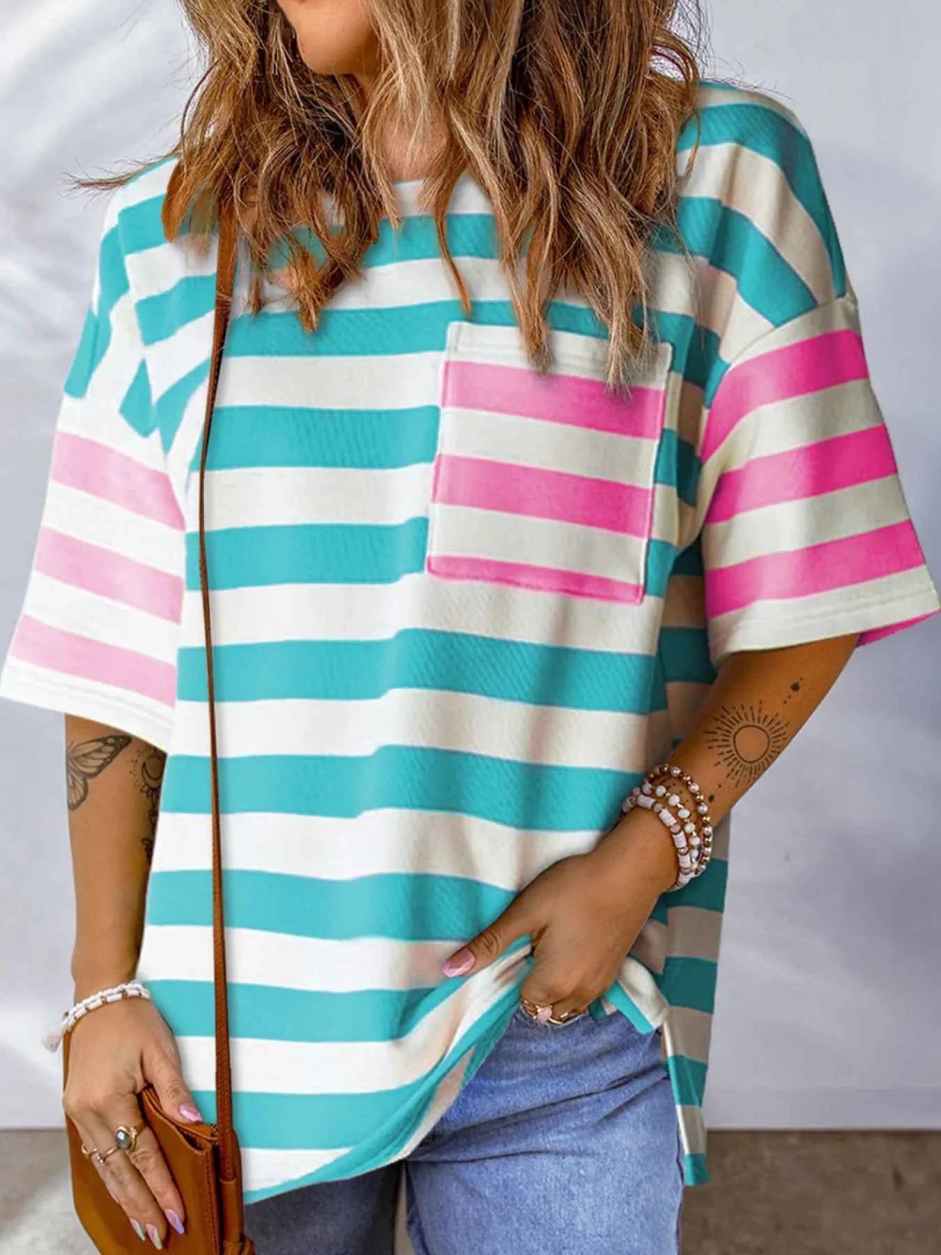Striped Oversized Short Sleeve T-Shirt Blue 5f7a2120-2093-45dc-a762-a9c3a1416e66-Max-Origin