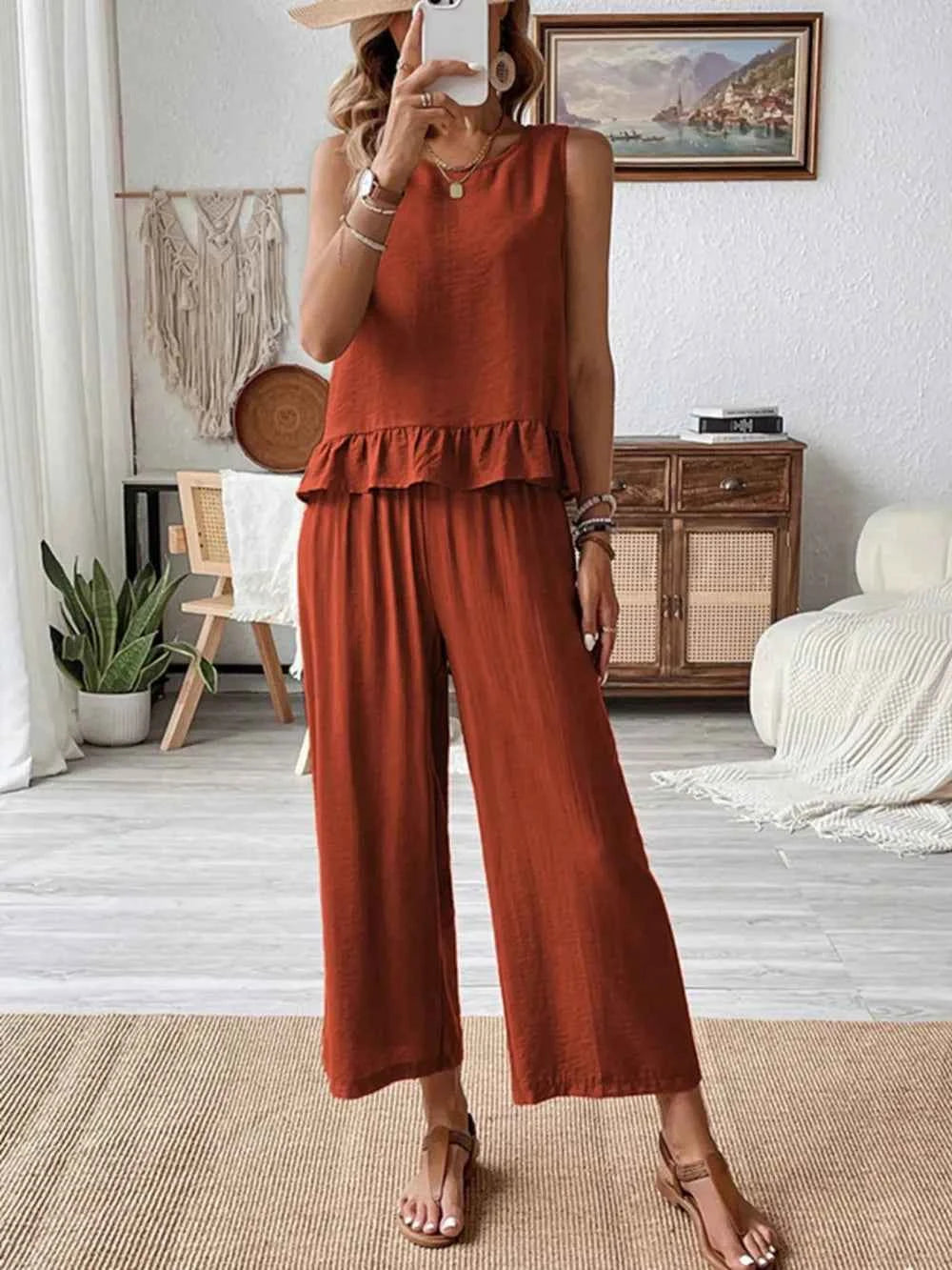 Ruffled Round Neck Top and Wide Leg Pants Set 5f845cdf-cf1f-4c0a-b271-2218a42e0577-Max