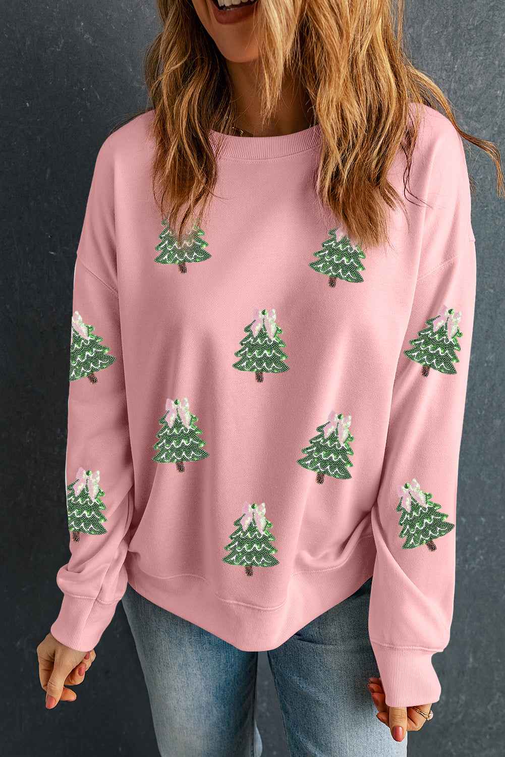 Pink Sequined Xmas Tree Patched Patterned Holiday Pullover Sweatshirt 5face740b00367e2