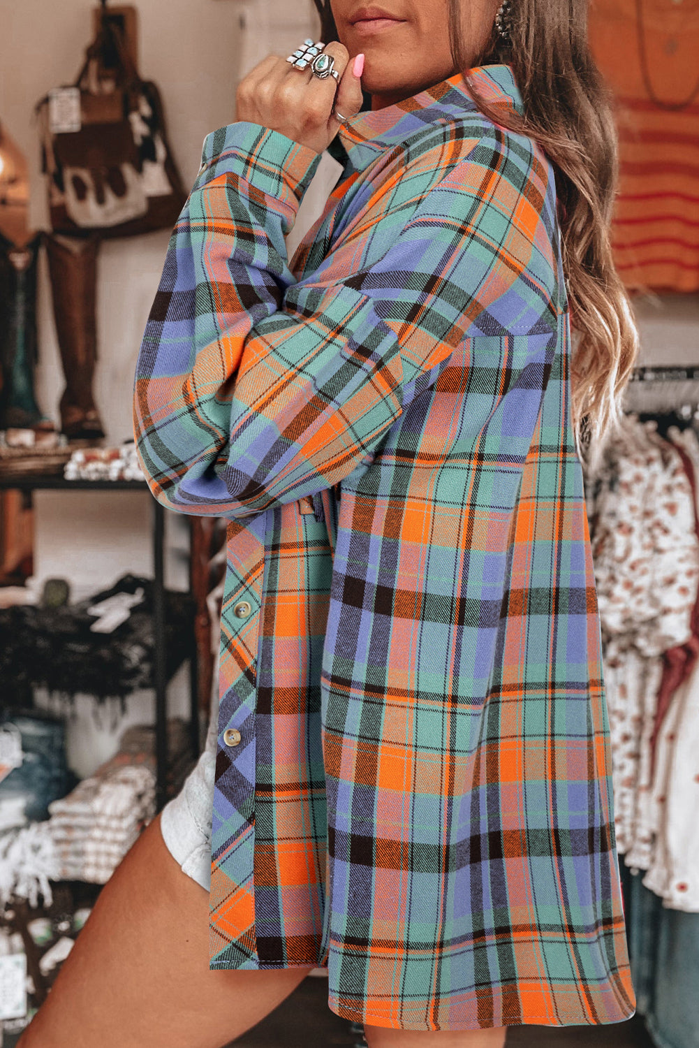 Orange Plaid Print Pocket Loose Shirt Shacket 5fad2e931f3ce6ac