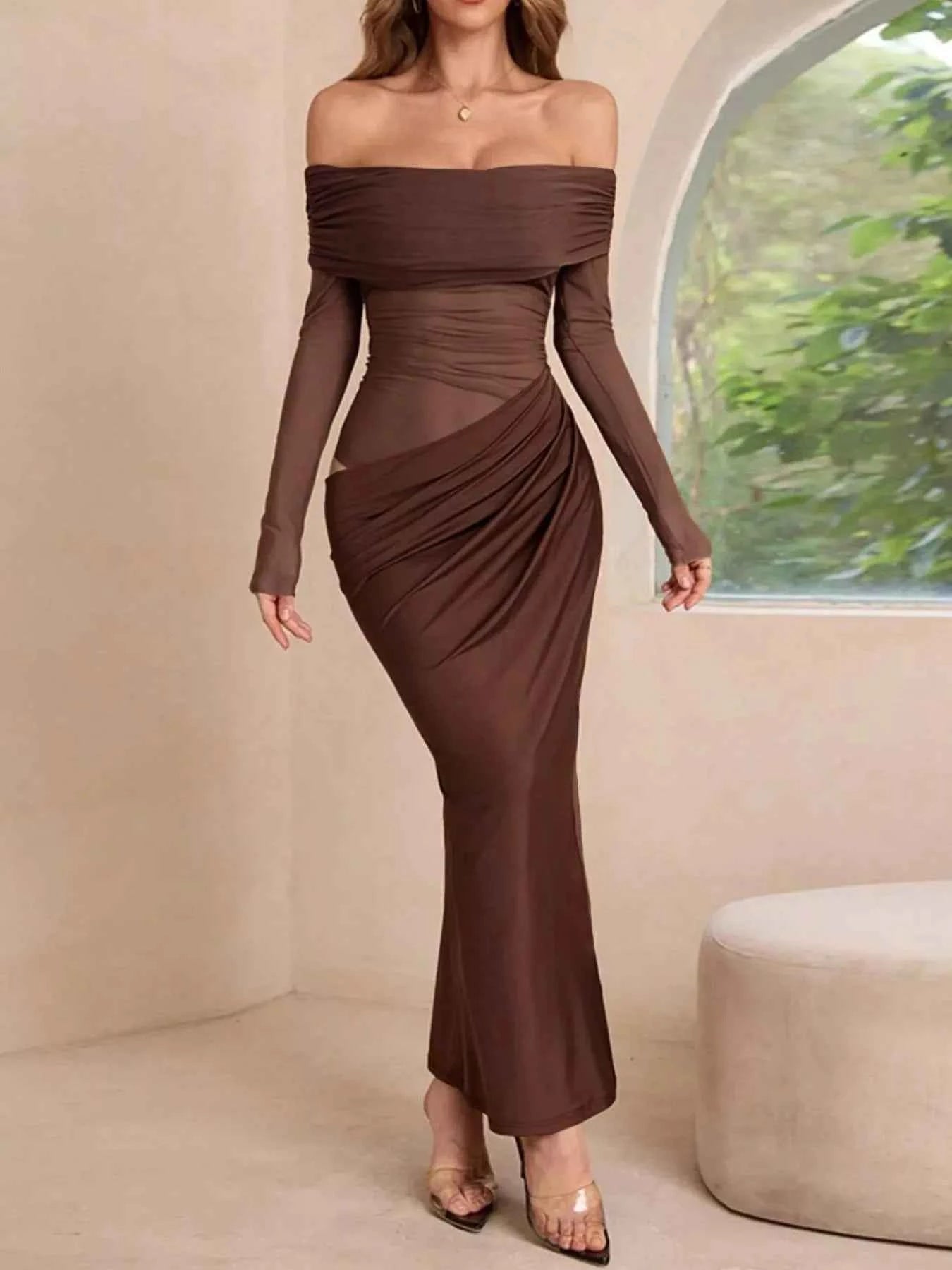 Off-Shoulder Long Sleeve Ruched Bodycon Maxi Dress Dark Brown 5fc7622d-fa18-4b6e-849e-12b4855ff330-Max-Origin
