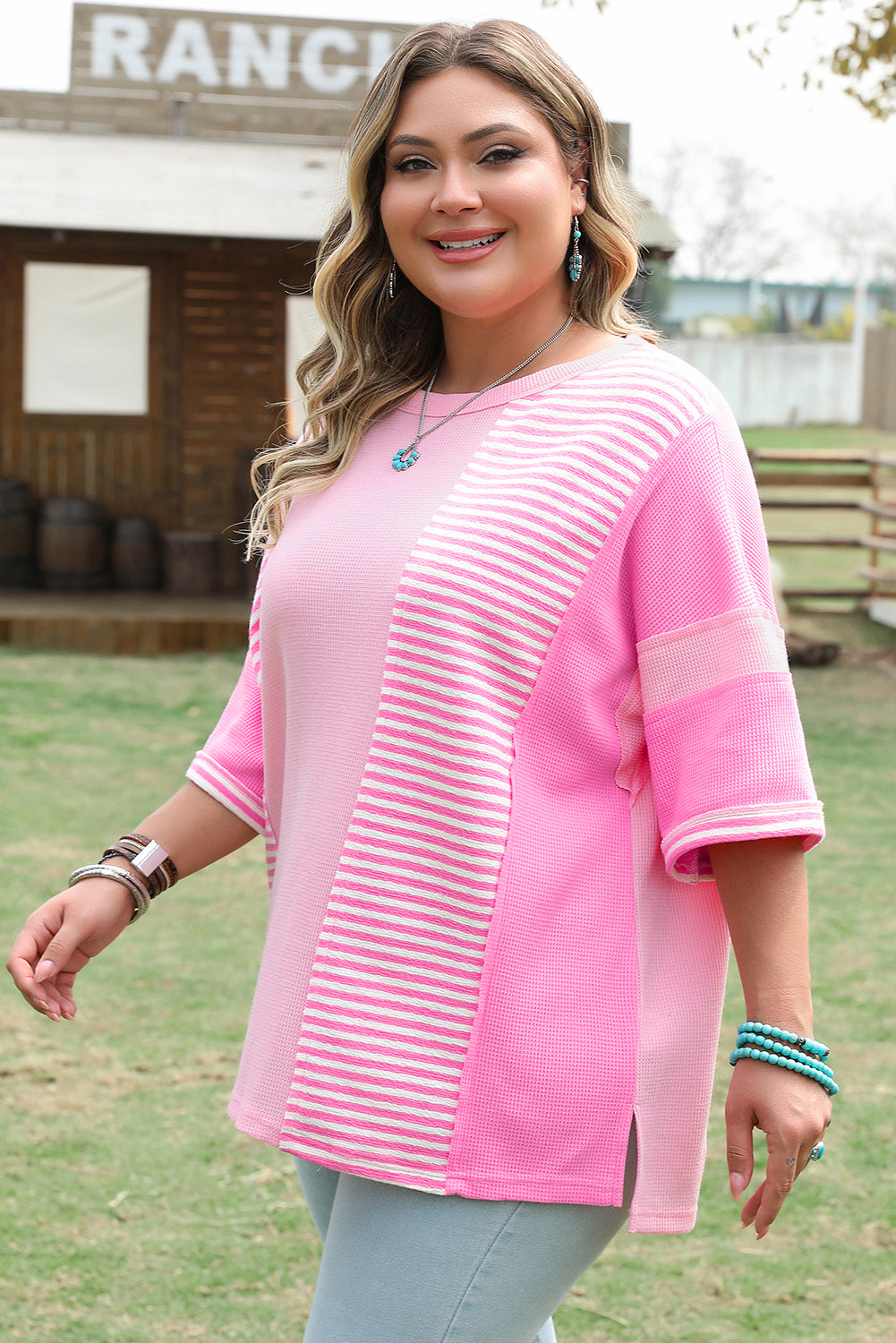 Pink Stripe Waffle Patchwork Plus Size T-Shirt 5fe035d3574bd362