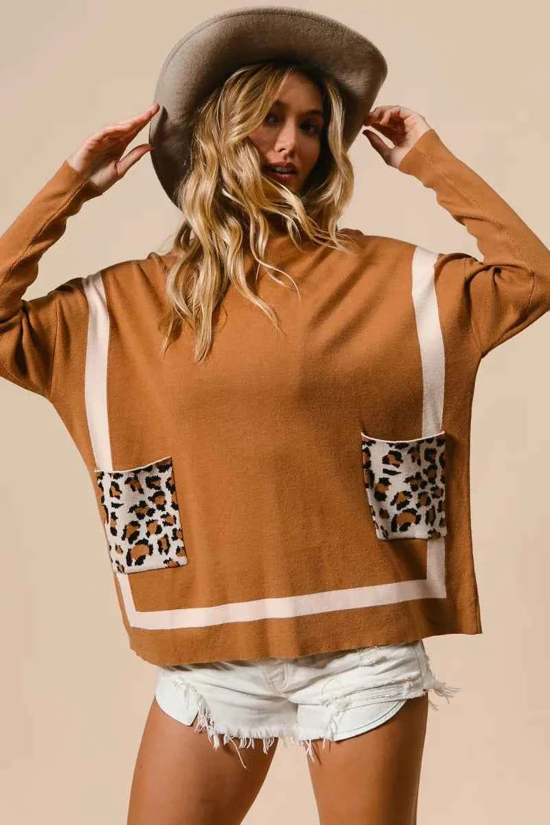 BiBi Mock Neck Sweater with Leopard Pocket CAMEL 5fe4804326c14d2bad9a118444603d70-Max-Origin