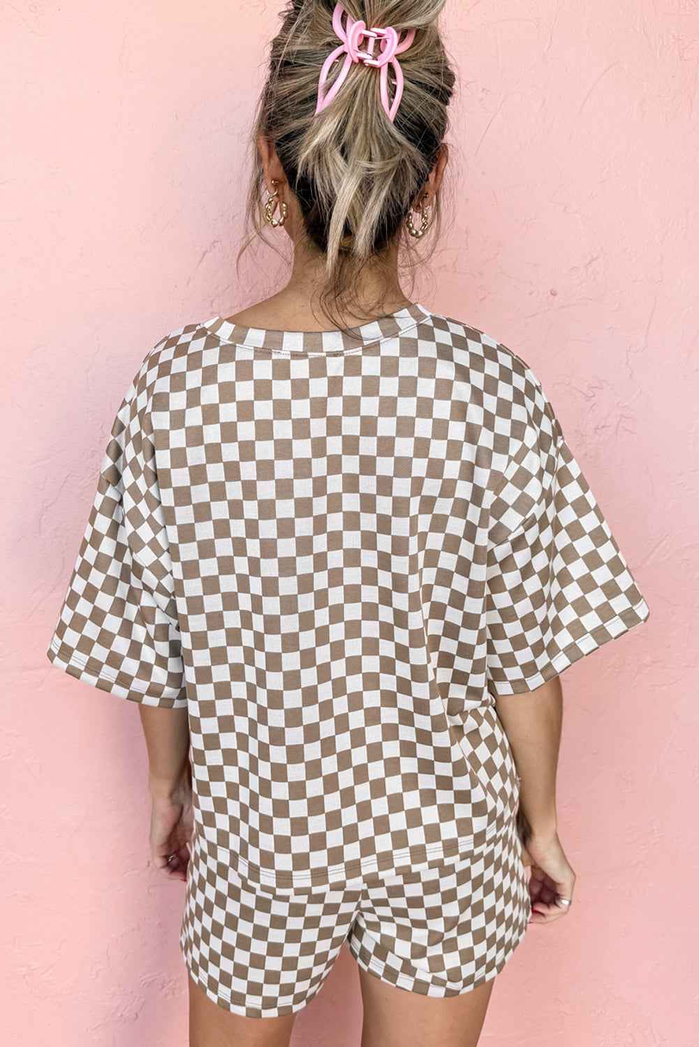 Brown Checkered Top and Drawstring Shorts Pajama Set 5feed9cee3c4fdec