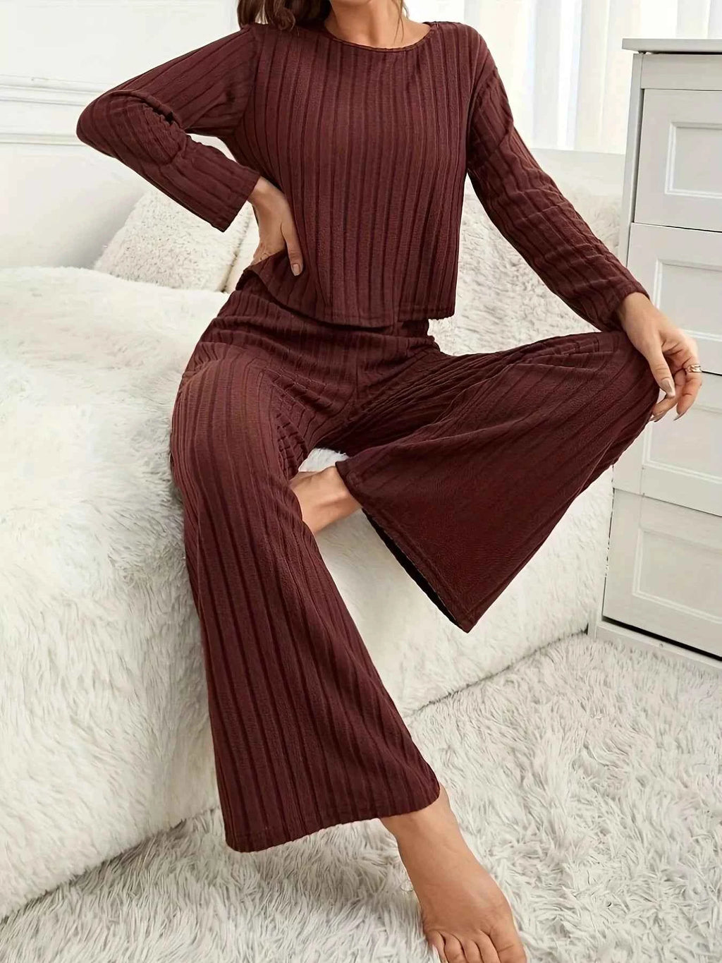 Ribbed Round Neck Long Sleeve Top and Pants Lounge Set 5ffe02bd0e4747b4896604337223bf86-Max-Origin