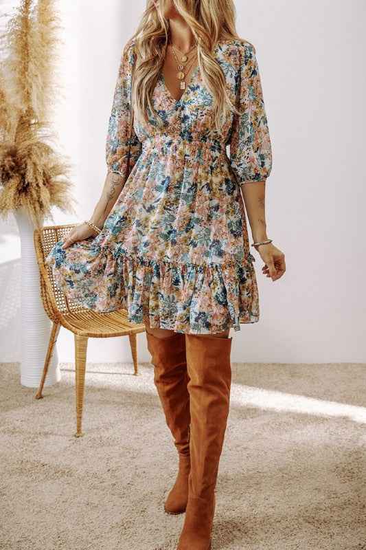 Floral 3/4 Sleeve V Neck High Waist Ruffled Dress 60052ddf-a54a-45fe-b569-fa6b48da91ce