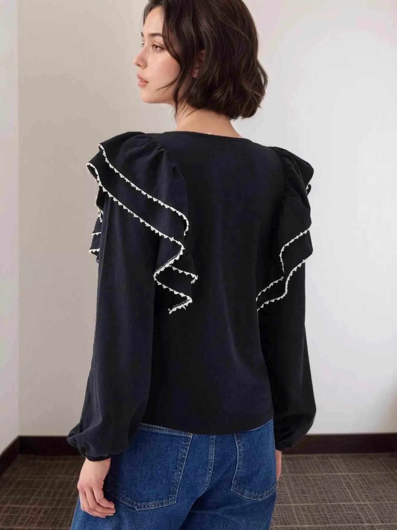 Ruffled Button Up Long Sleeve Shirt 60153640d9b24f029181a7b4028ef7a0-Max-Origin