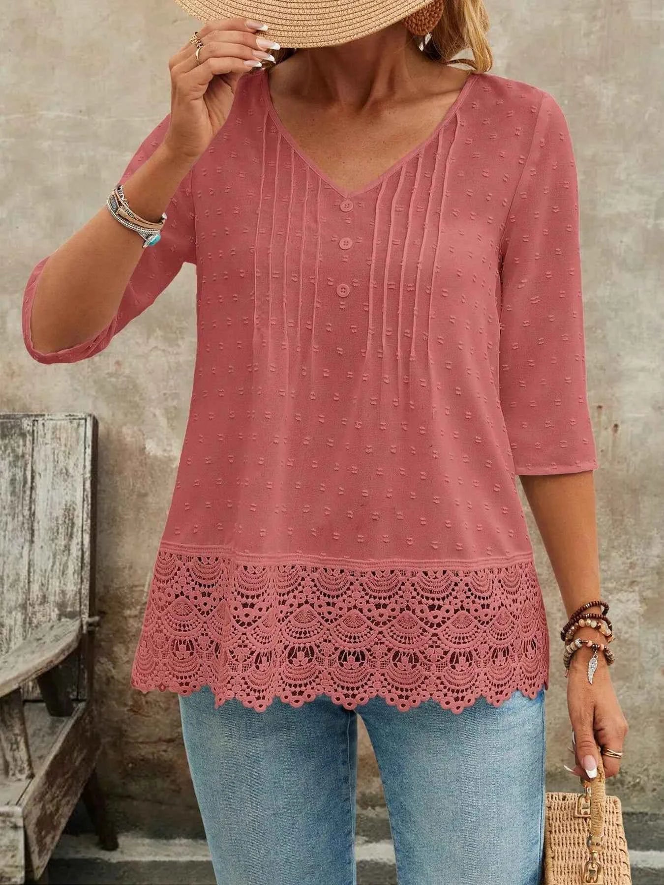 Lace Hem V-Neck Blouse 6021521636174b4c8683549be84721a2-Max-Origin