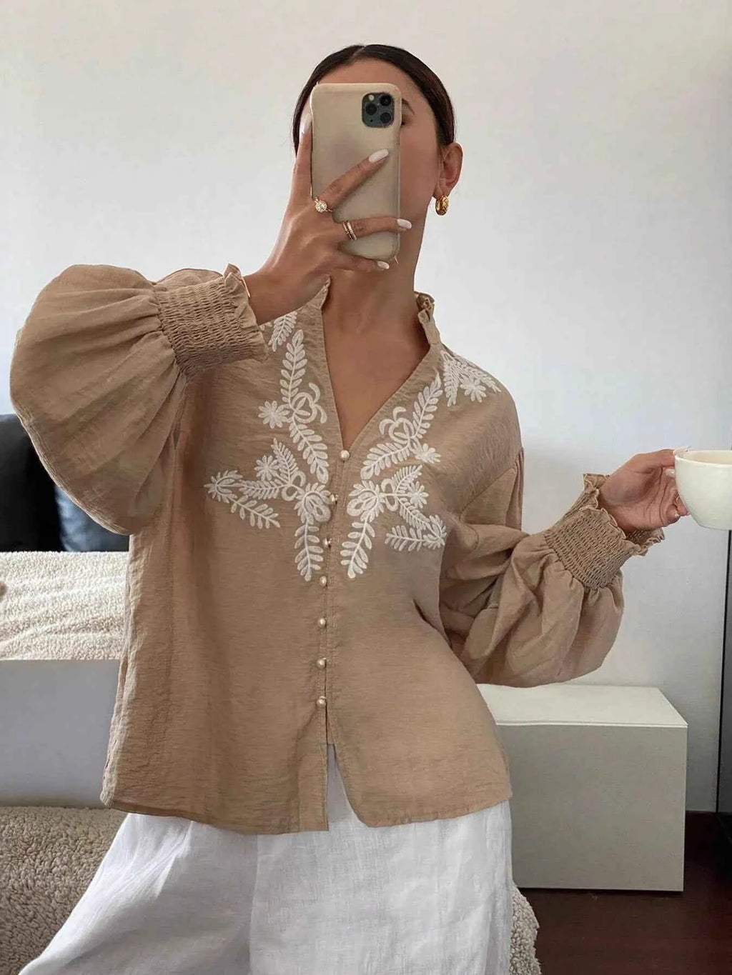 Embroidered Lantern Sleeve Blouse 6027703b52534194a6eae02ba4f14852-Max-Origin