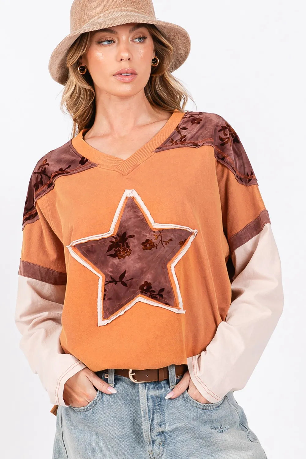 SAGE + FIG Star Patch Long Sleeve Color Block T-Shirt Rust 6037ea64-5f7e-4c93-8e68-b036305ba8da-Max