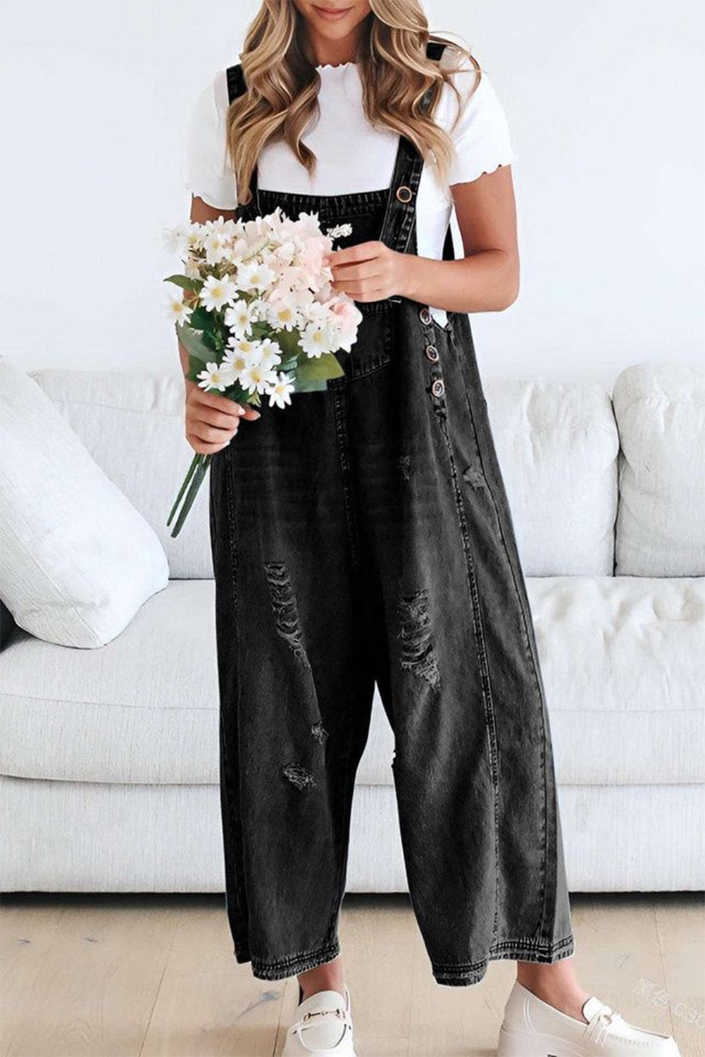 Black Distressed Bib Pocket Wide Leg Denim Overall 6046455a21573a7f
