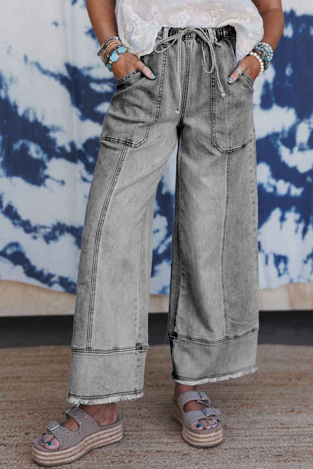 Beau Blue Drawstring Seam Detail Raw Hem Wide Leg Jeans Gray 75%Cotton+23%Polyester+2%Elastane 605597bb83f355ed